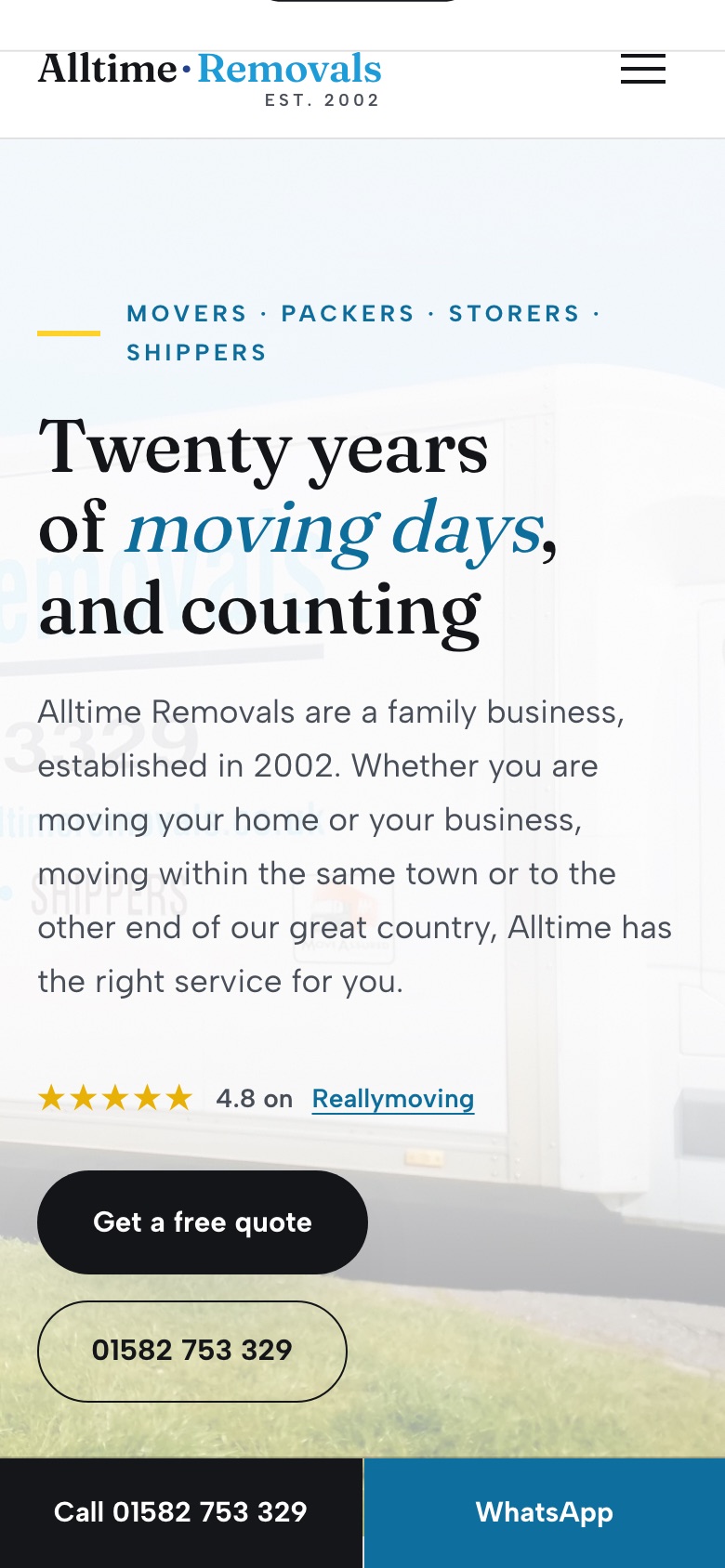 New Alltime Removals site on a phone: their van filling the screen with a call bar pinned to the bottom