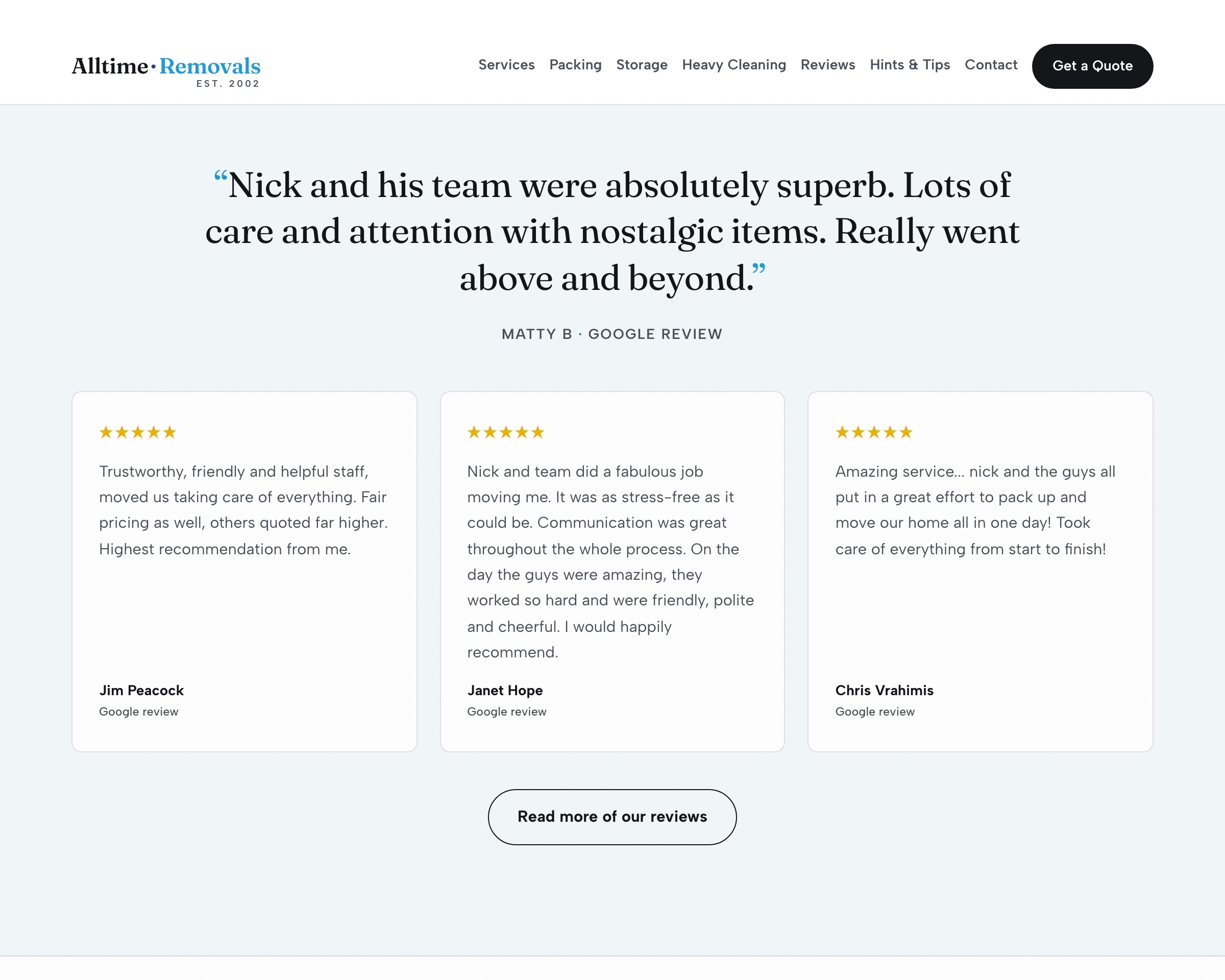 Reviews section of the new Alltime Removals site: a large pull quote and three five-star Google reviews