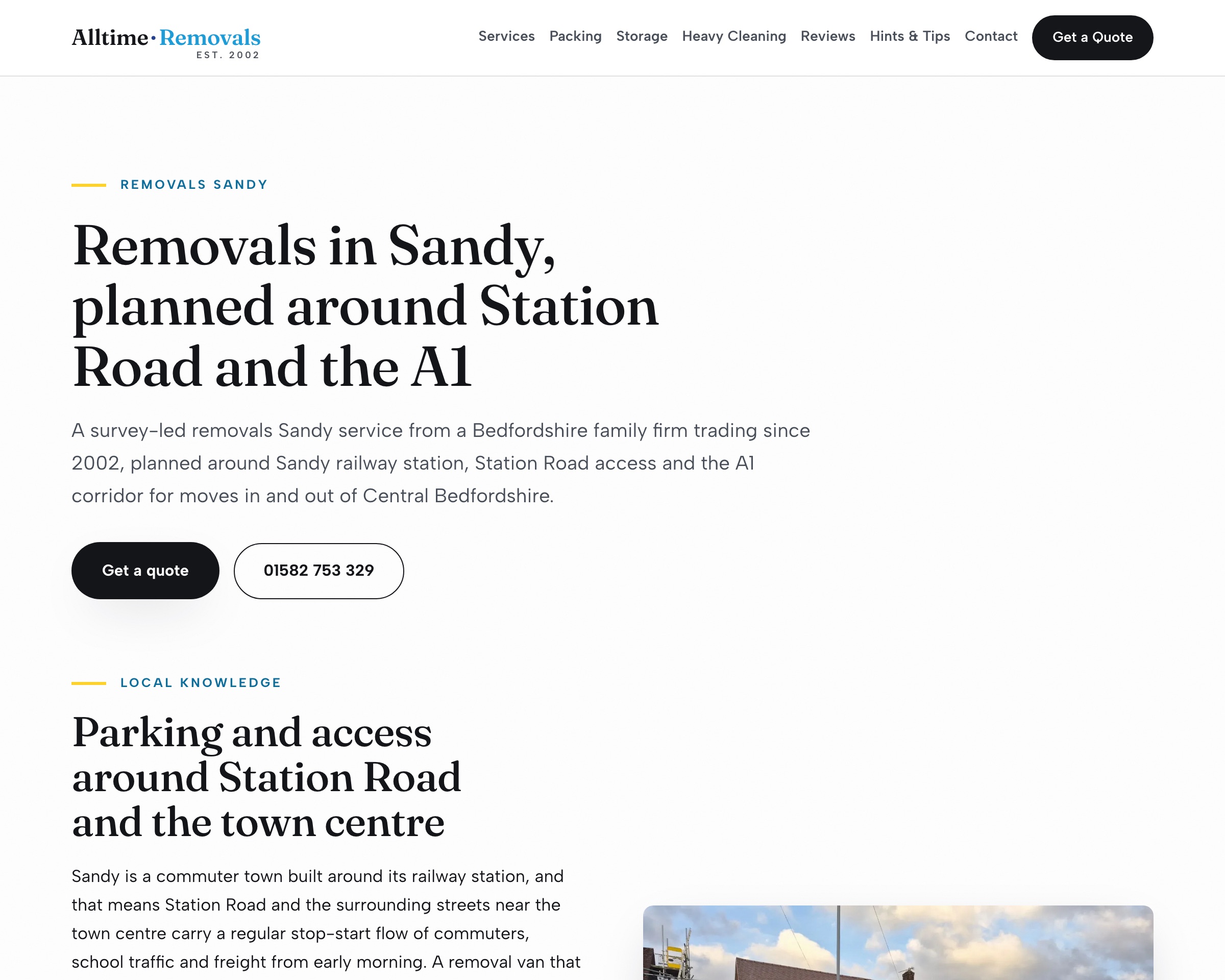 The new Sandy town page: a headline reading Removals in Sandy, planned around Station Road and the A1