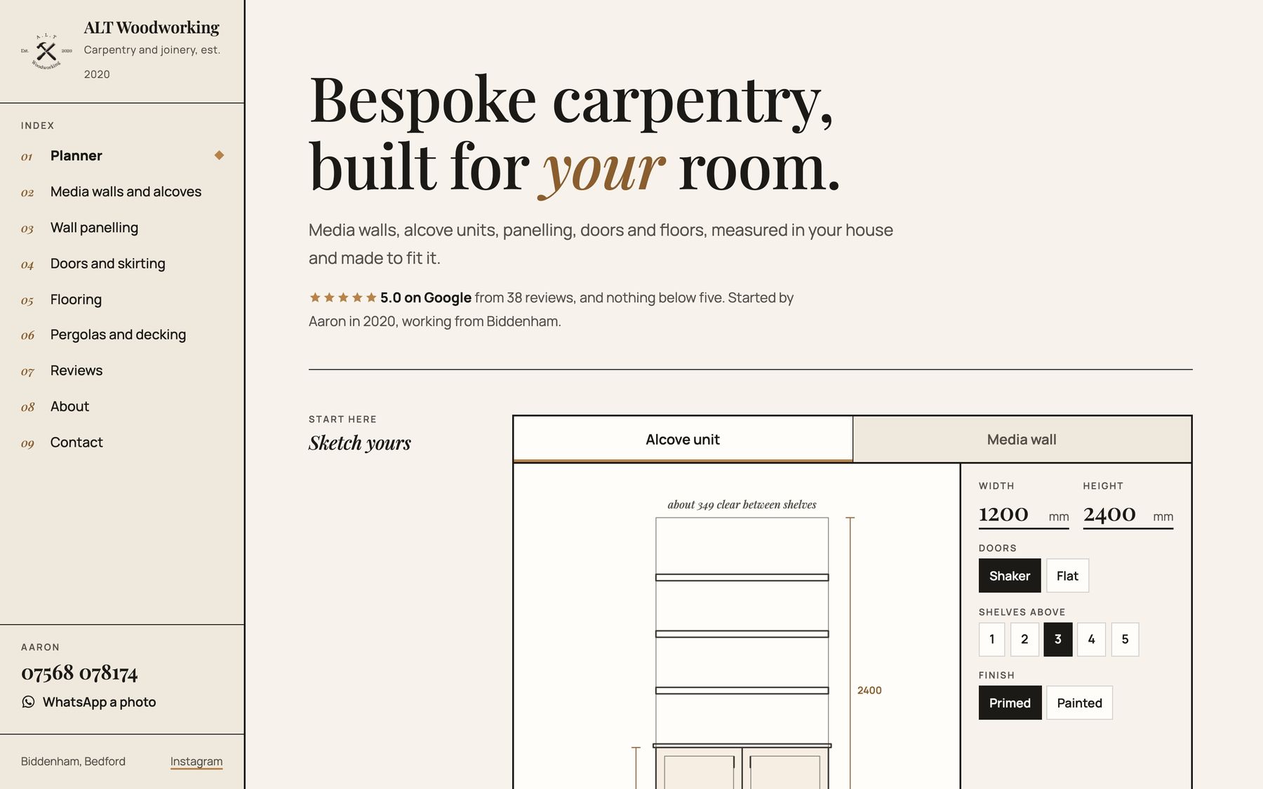 The ALT Woodworking concept: a drawing sheet with the title block on the left and the alcove planner beside the headline