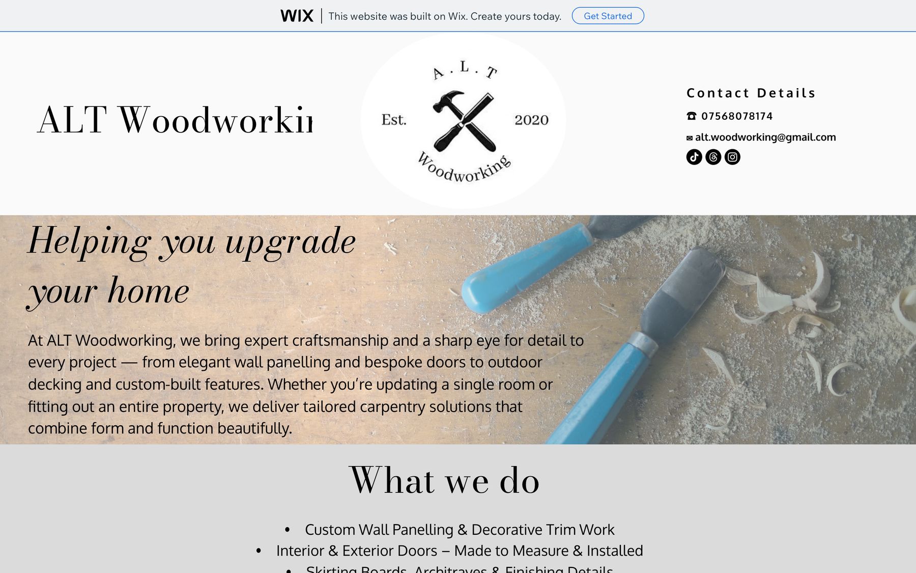 The old ALT Woodworking website: a free Wix page with the Wix banner, a logo and a list of services