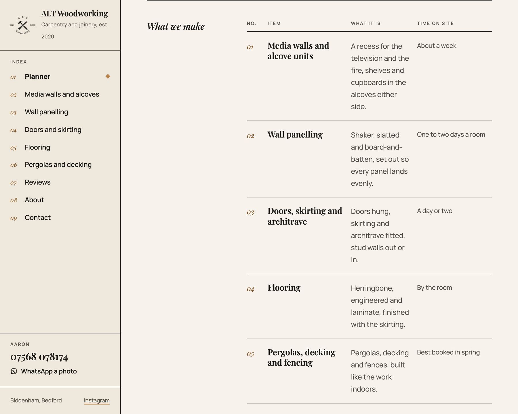 What we make, set out as a cutting list with the title block index down the left