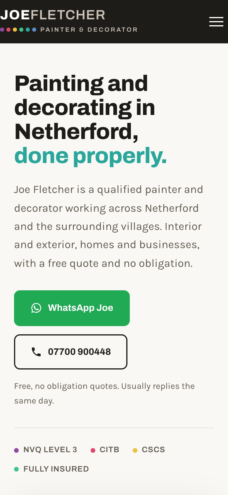 Rebuilt decorator site on a phone, with WhatsApp and call one tap away