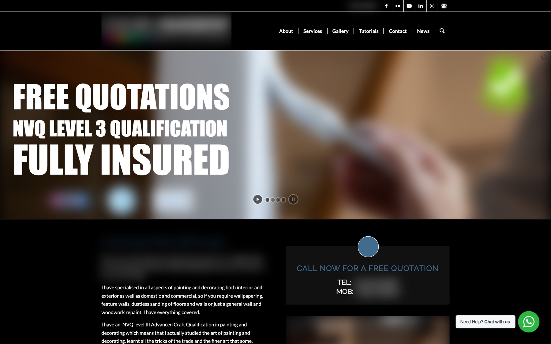 The old decorator website, shown with identifying details blurred: dark template layout with a silent video slider and no headline