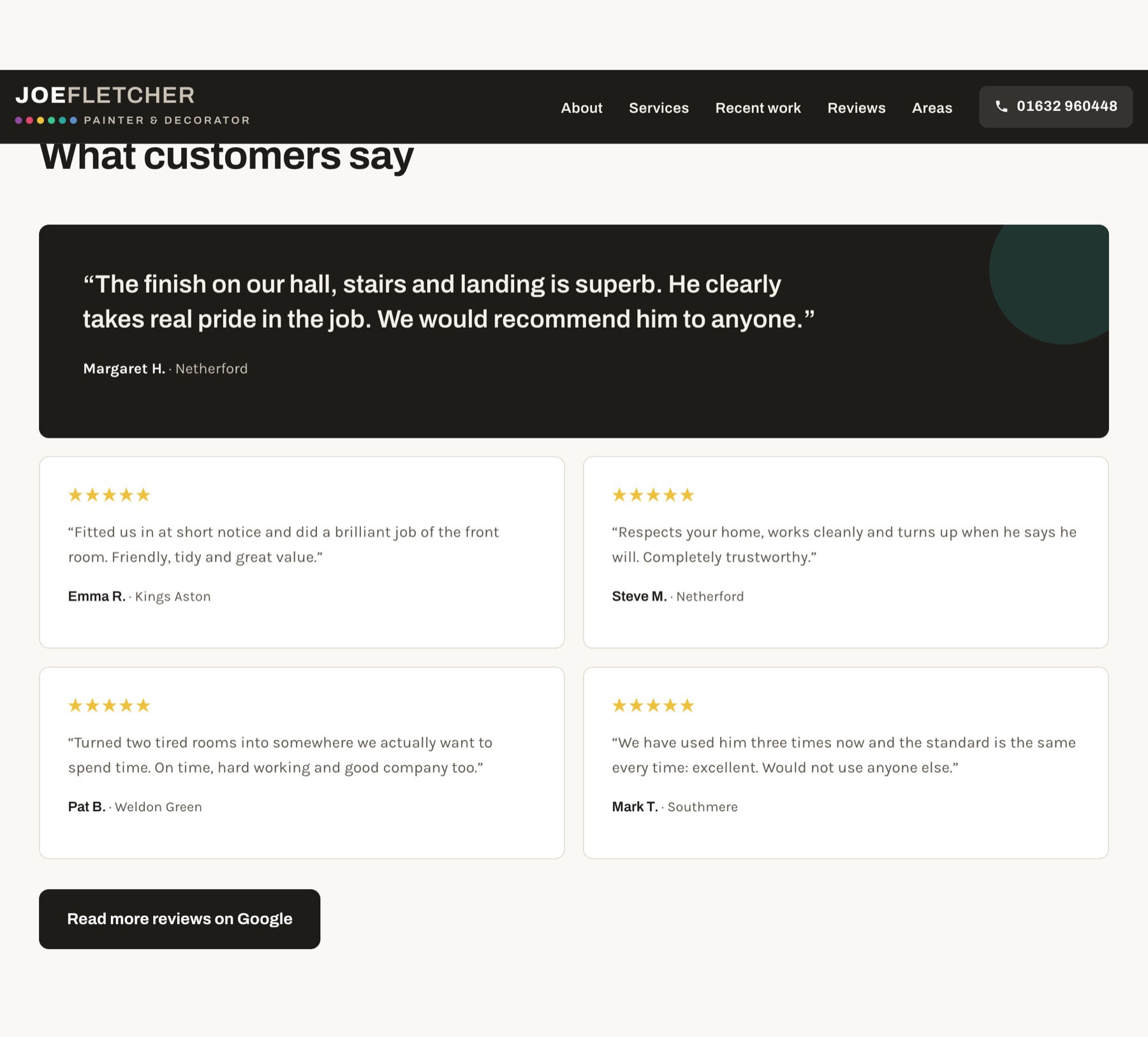 Reviews section of the anonymised rebuild: five star customer reviews presented as cards