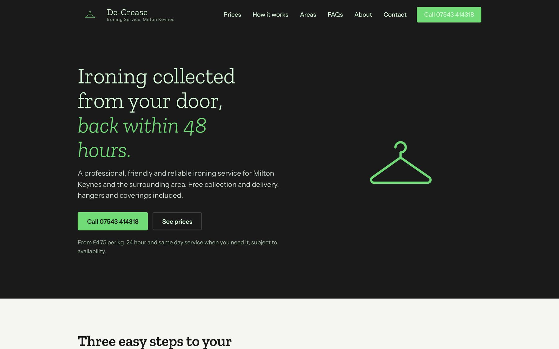 The De-Crease concept: a dark page with the headline in hanger green and a line-drawn hanger