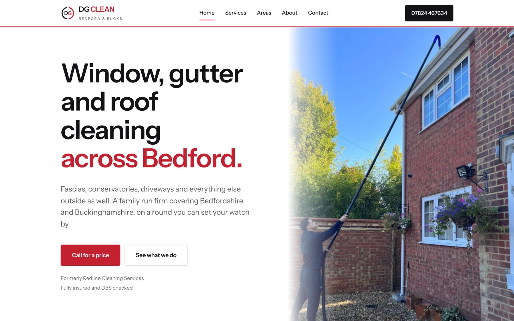 The DG Clean concept: the headline Window, gutter and roof cleaning across Bedford beside a window cleaning photograph