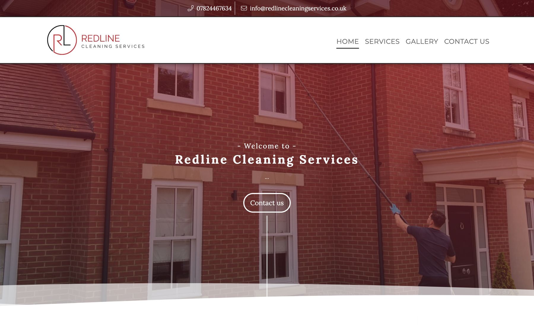 The old Redline Cleaning Services website: a photograph of a red brick house with a welcome message