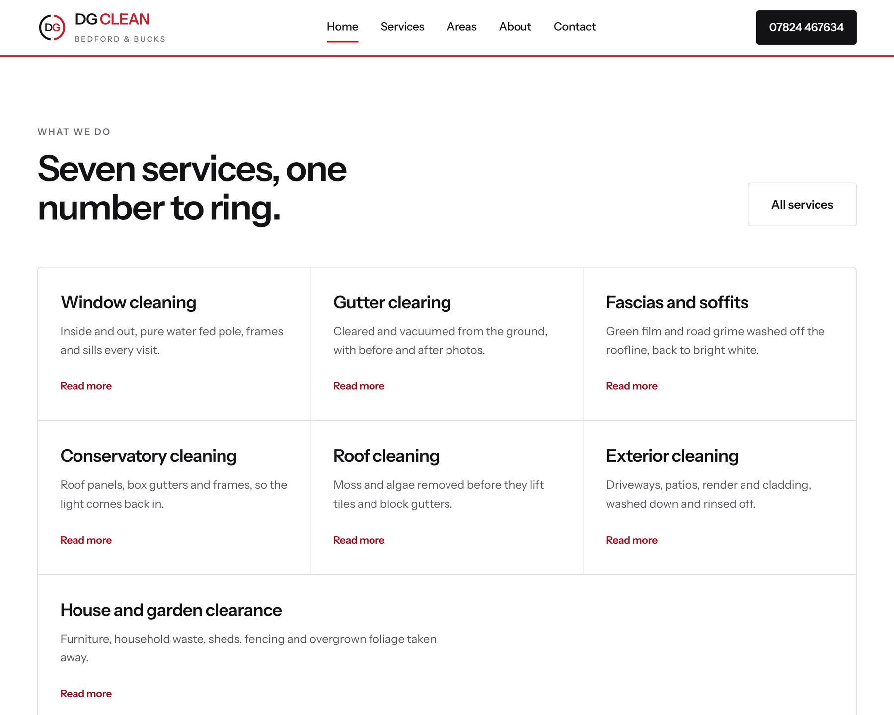 Seven services, one number to ring: a grid of the cleaning services