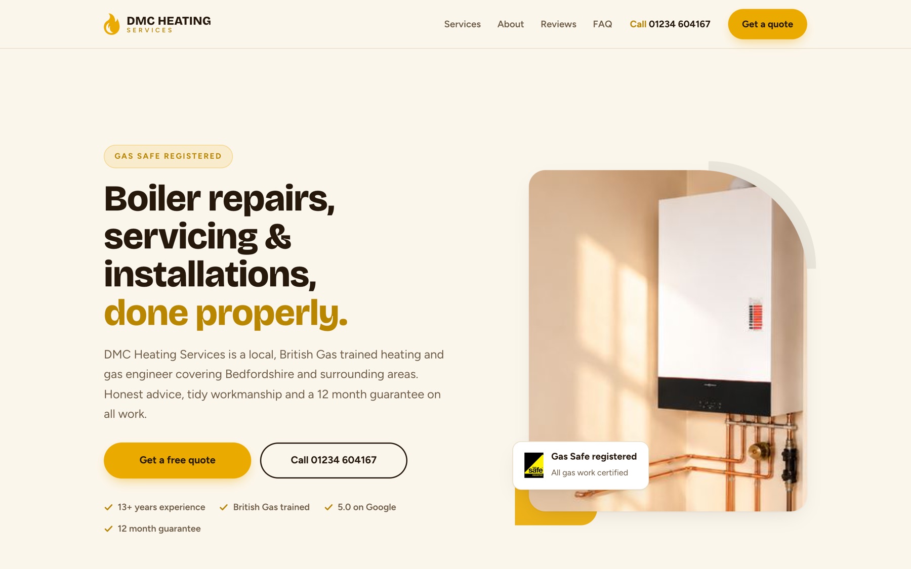 The new DMC Heating website: warm cream and gold design with Gas Safe badge, clear phone number and quote buttons
