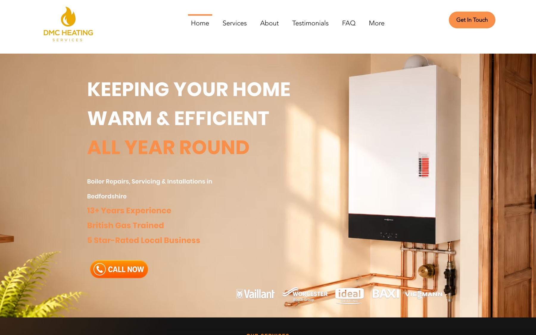 The old DMC Heating website: template layout with glossy buttons and content hidden in embedded widgets