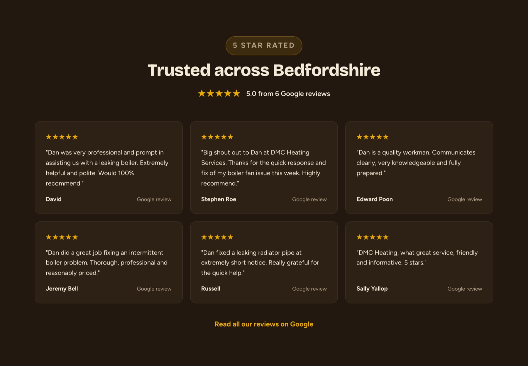Reviews section of the new DMC Heating site: five star Google reviews from real customers