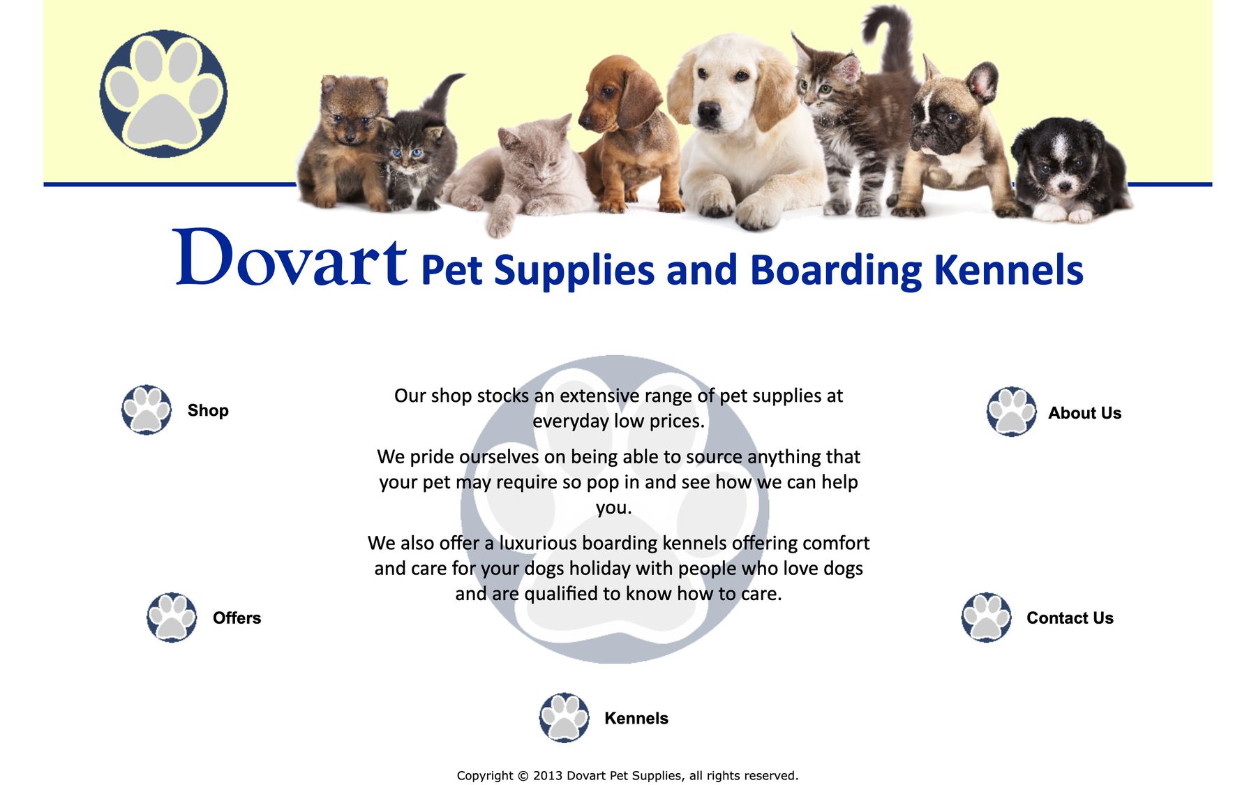 The old Dovart website: a banner of stock puppies and kittens above a fixed-width page of round buttons