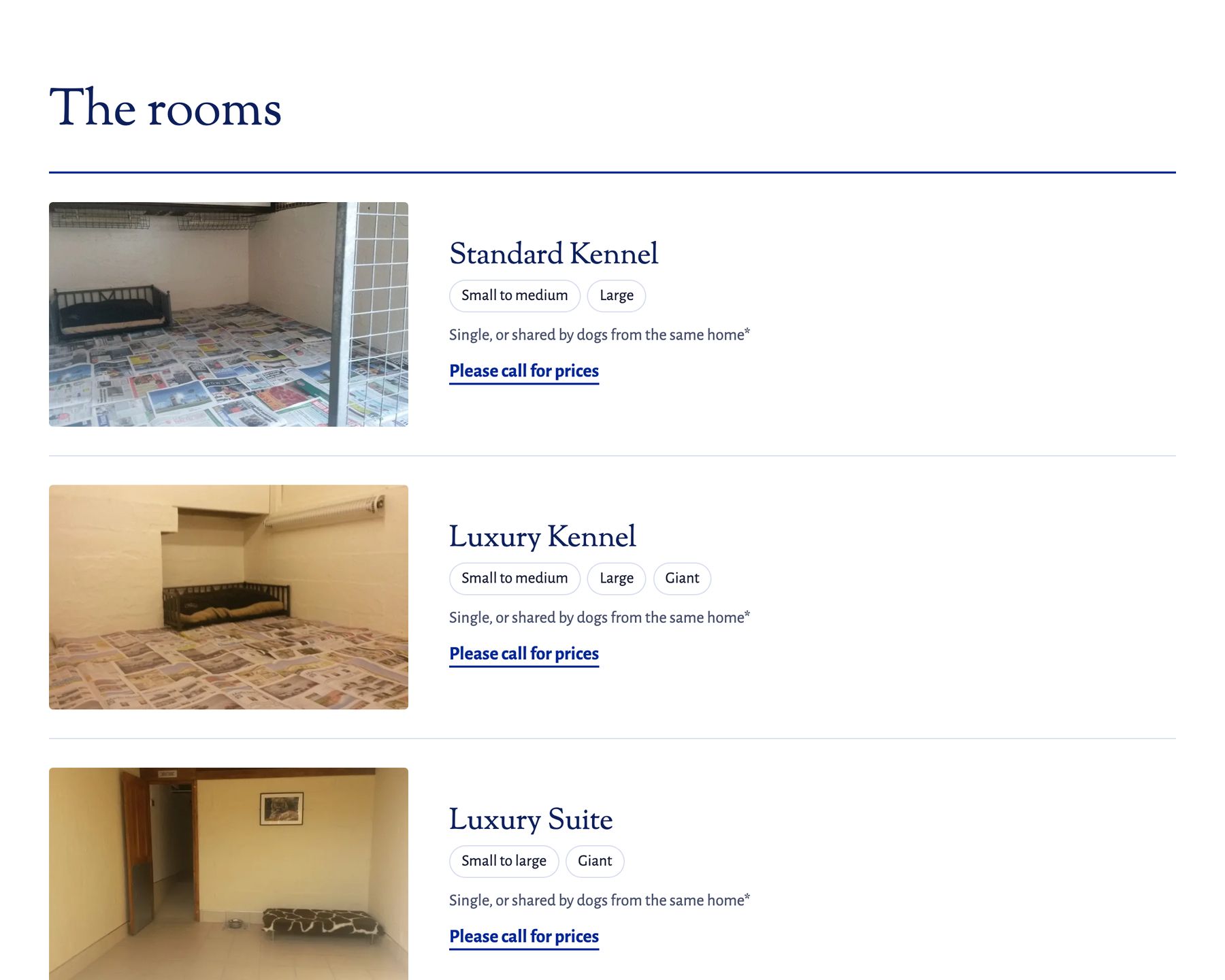 The rooms written up as a hotel register, with photographs of each kennel type