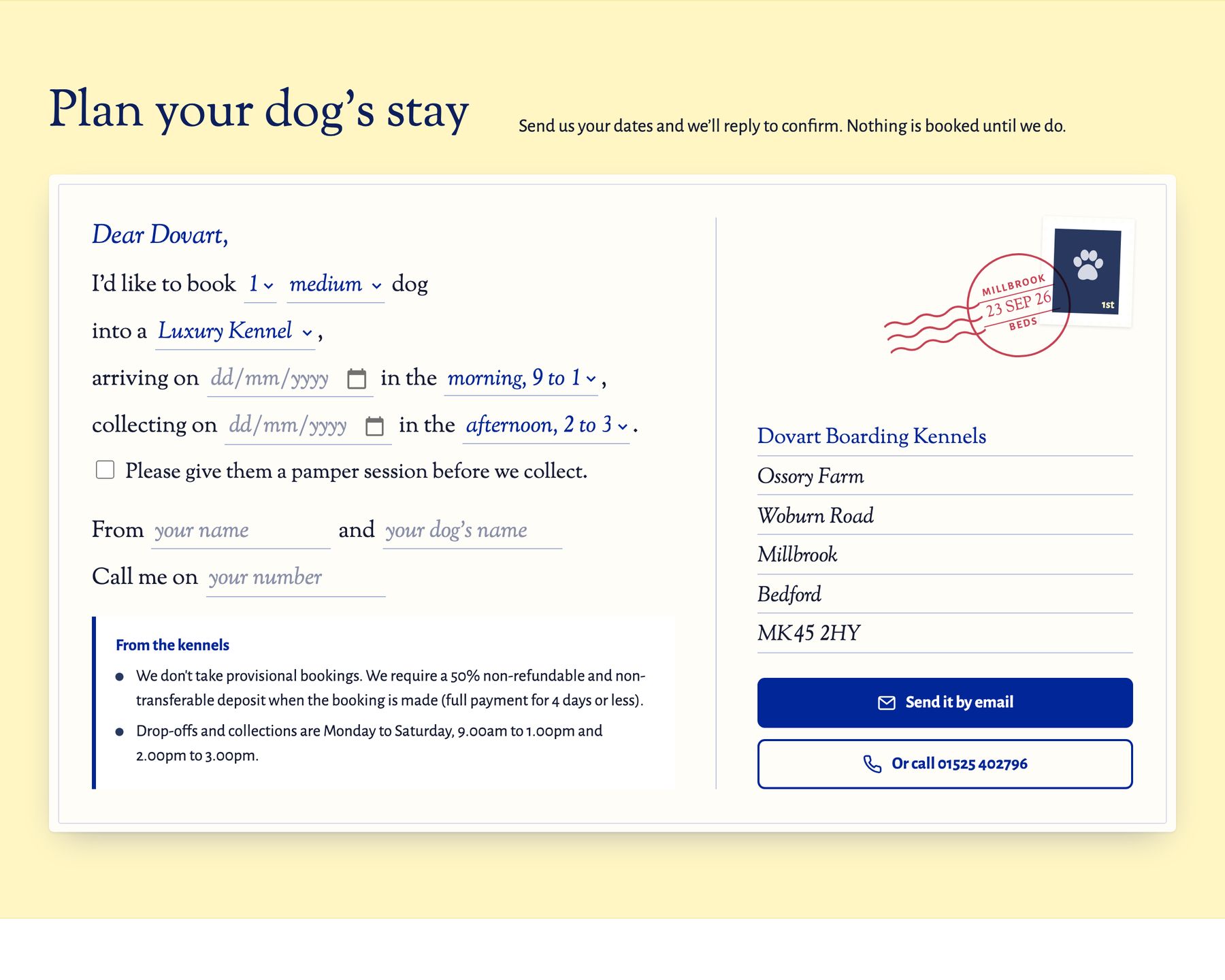 The stay planner: a postcard with the booking written as a sentence and the kennel's address on the stamp side