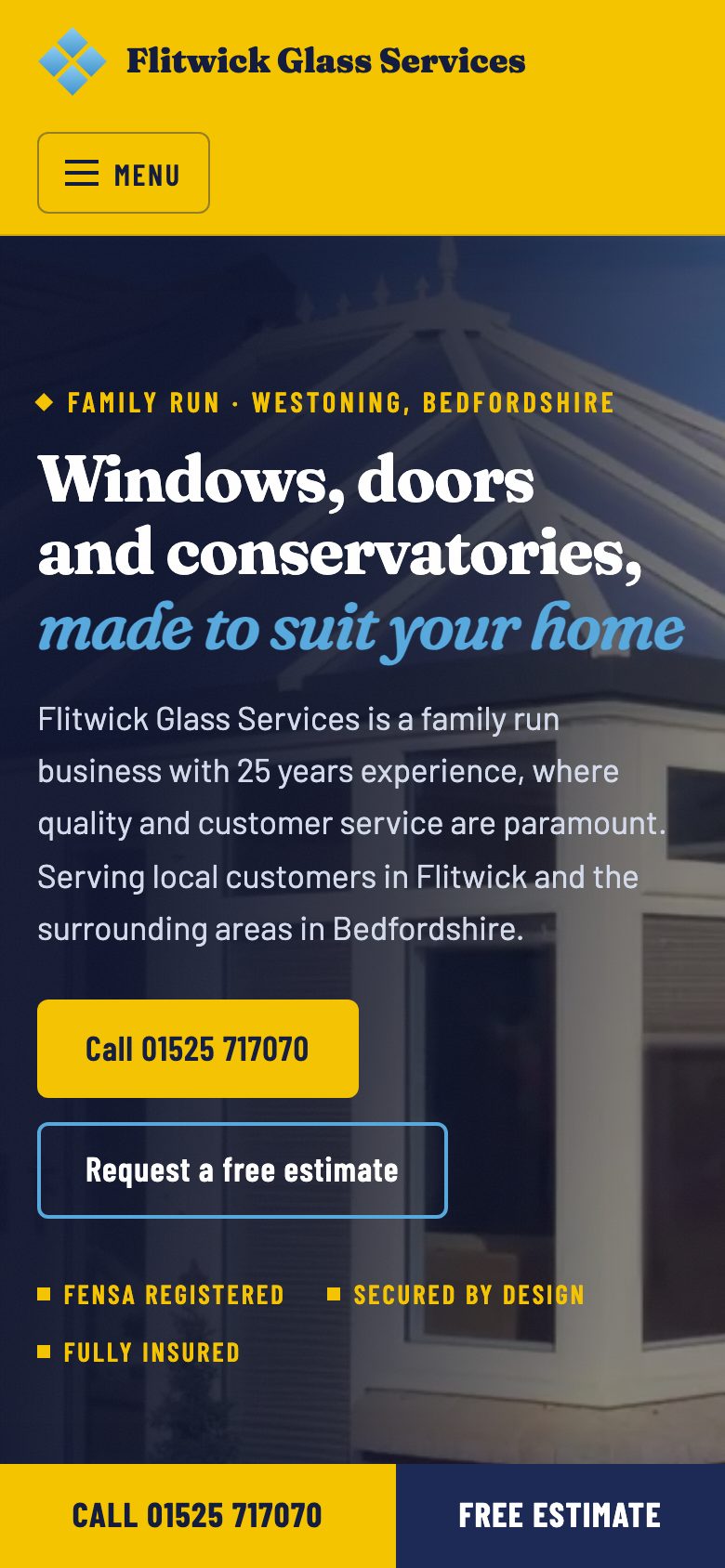 New Flitwick Glass Services site on a phone: full-screen conservatory hero with a call bar pinned to the bottom