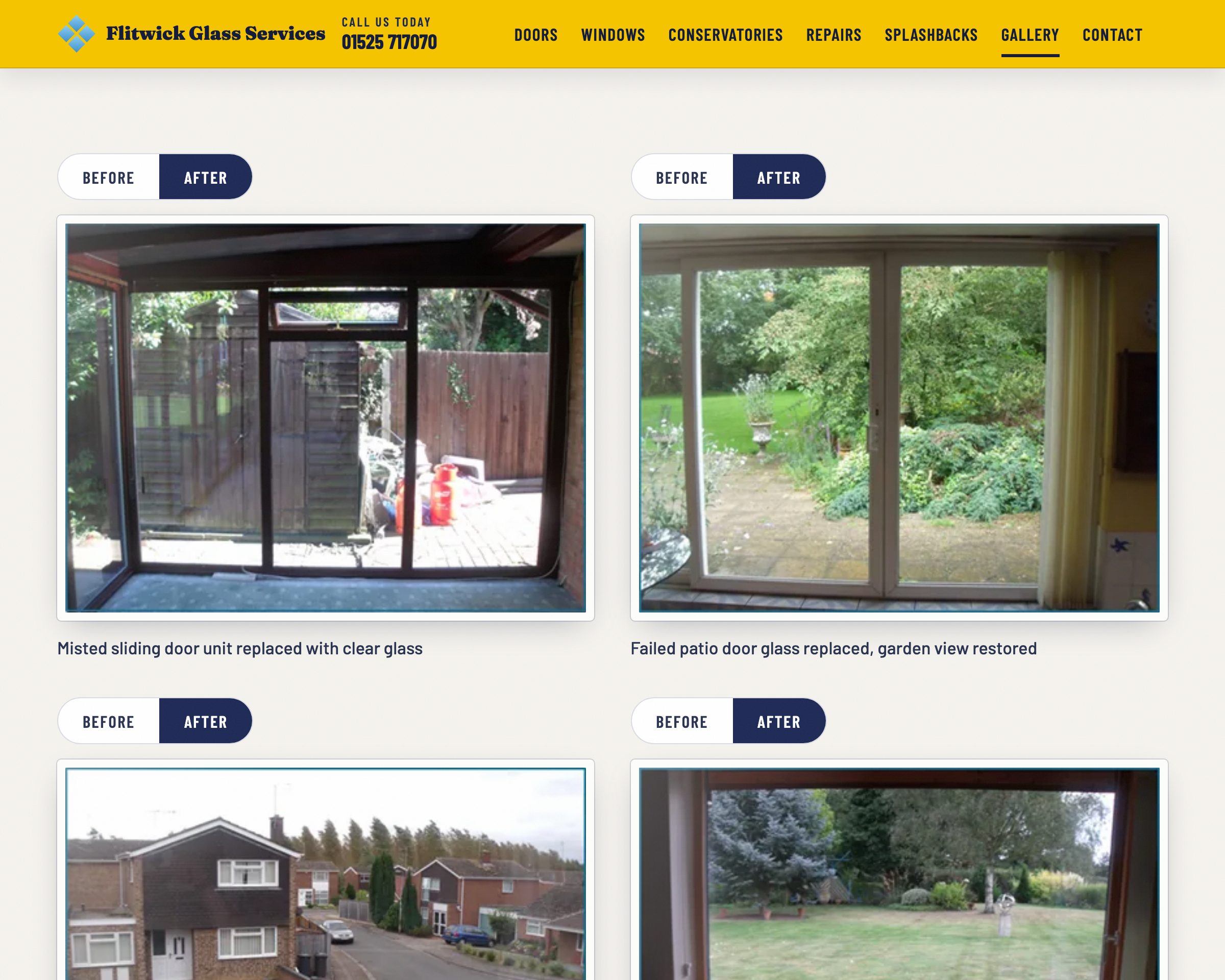 Gallery section of the new Flitwick Glass Services site: before and after toggles showing misted double glazing replaced with clear glass