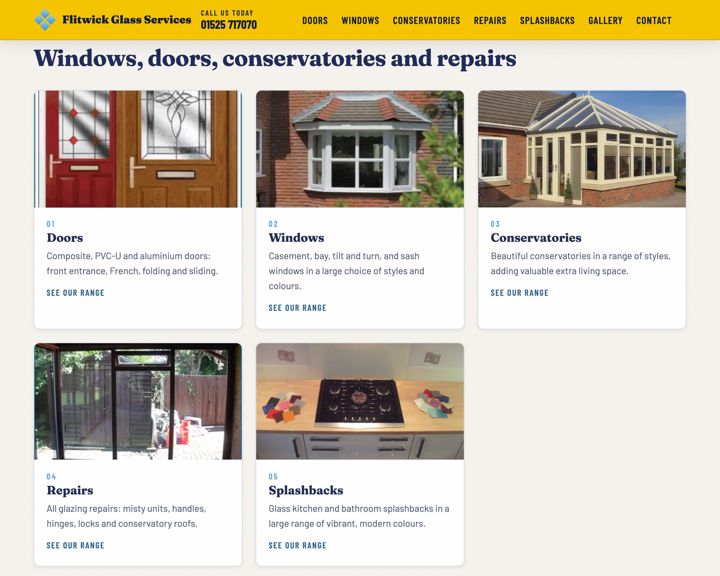 Services section of the new Flitwick Glass Services site: numbered photo cards for doors, windows, conservatories, repairs and splashbacks