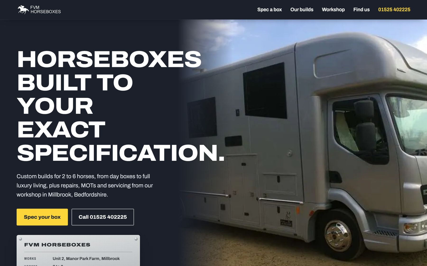 The FVM Horseboxes concept: a silver horsebox beside the headline, with a maker's plate carrying the workshop's details