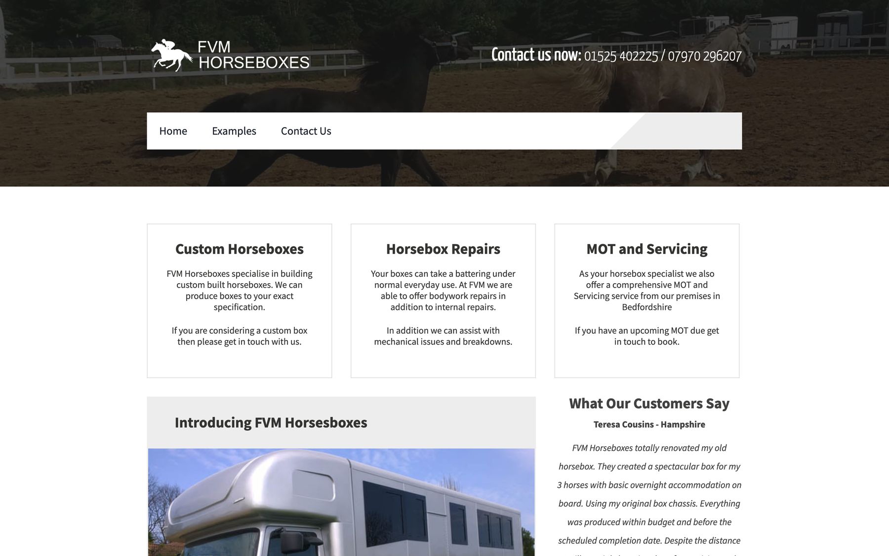 The old FVM Horseboxes website: a WordPress theme with a header photo, three service boxes and an introduction