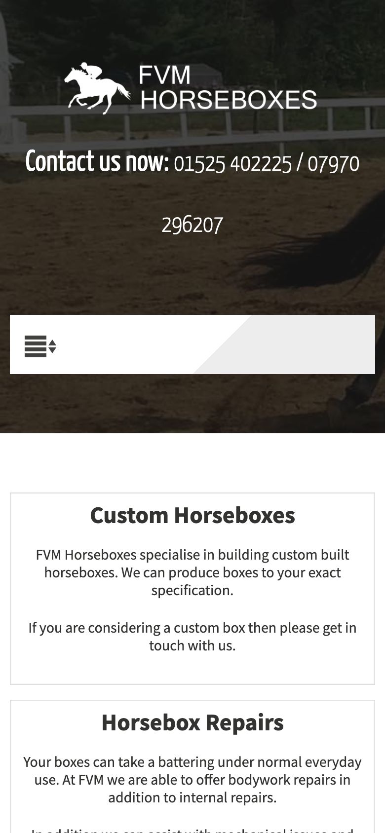 The old FVM HORSEBOXES website on a phone