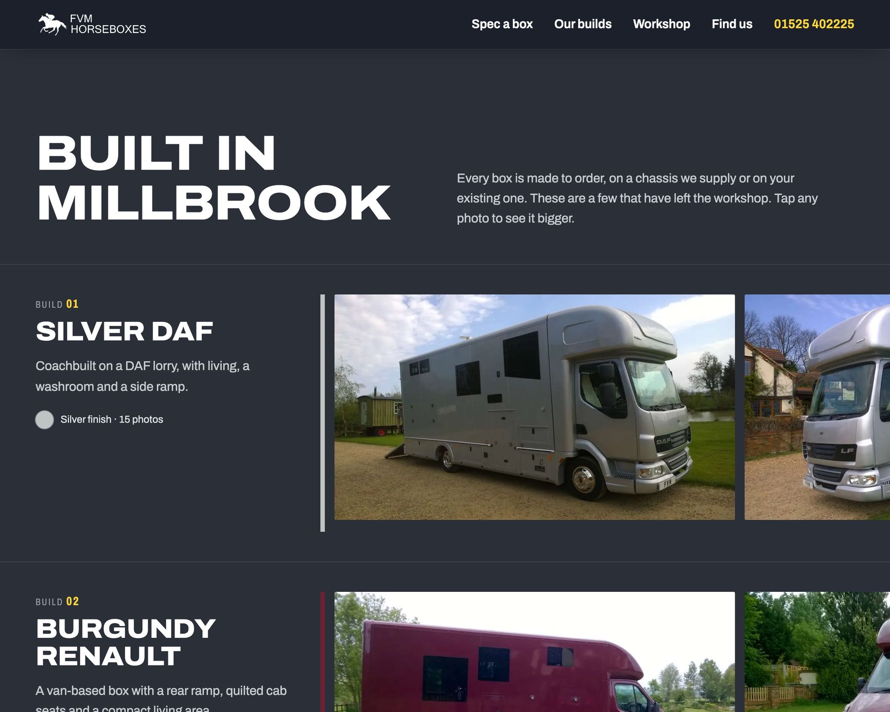 Built in Millbrook: each build with its paint colour and a strip of photographs