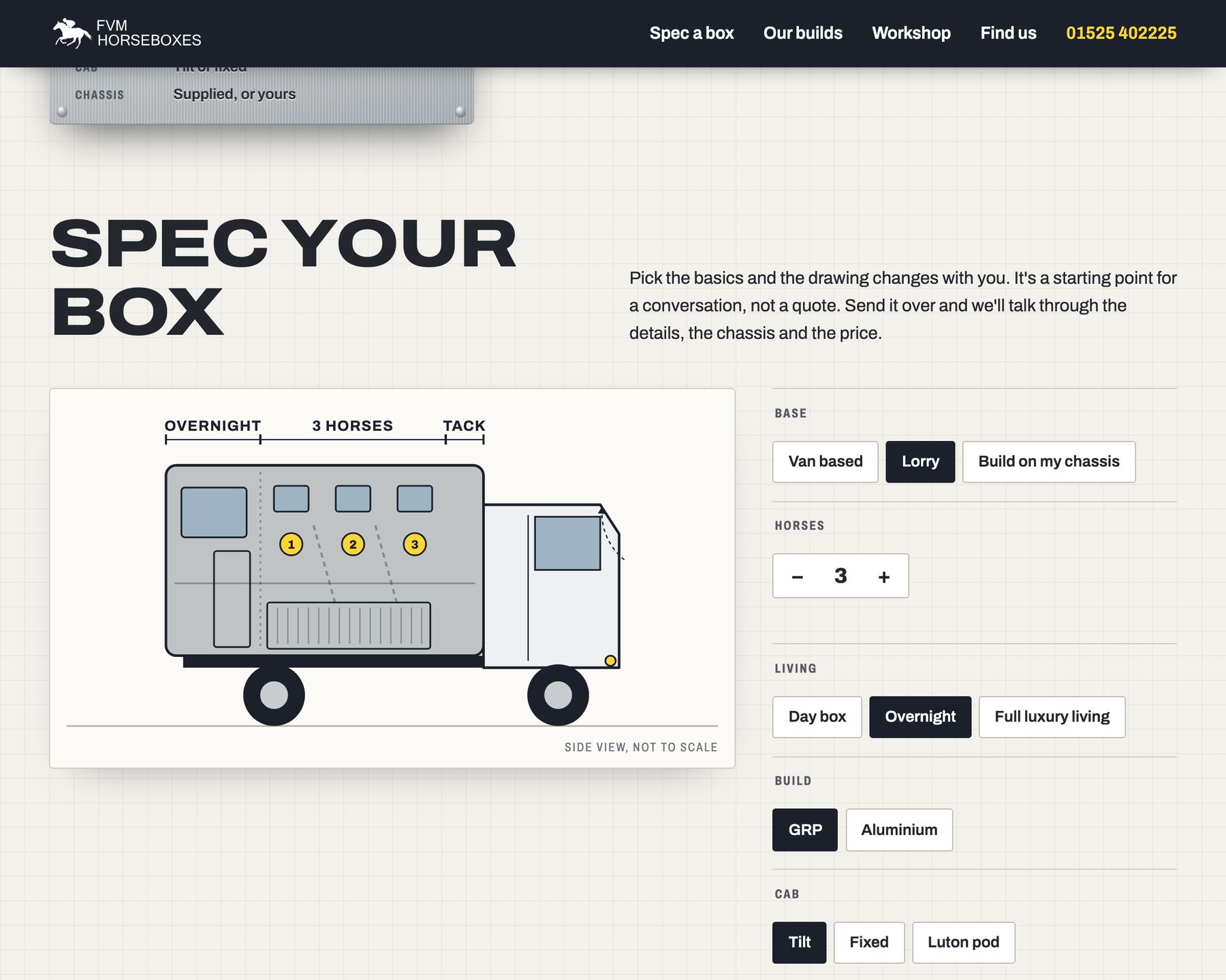 The spec tool: choices on the right, the side view of the box redrawing on the left