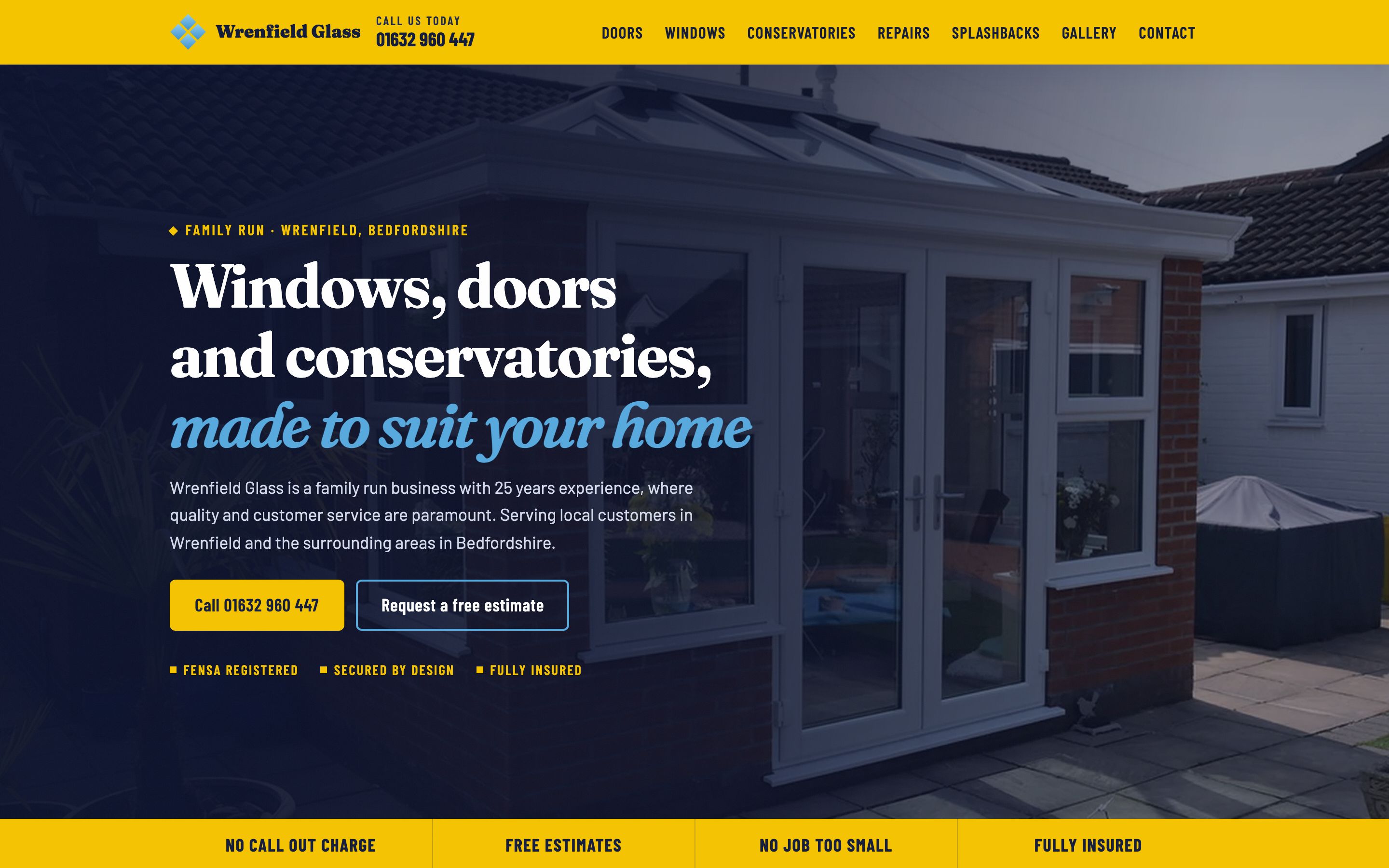 The anonymised rebuild: full-screen conservatory photo, navy and yellow branding, and a headline reading Windows, doors and conservatories, made to suit your home