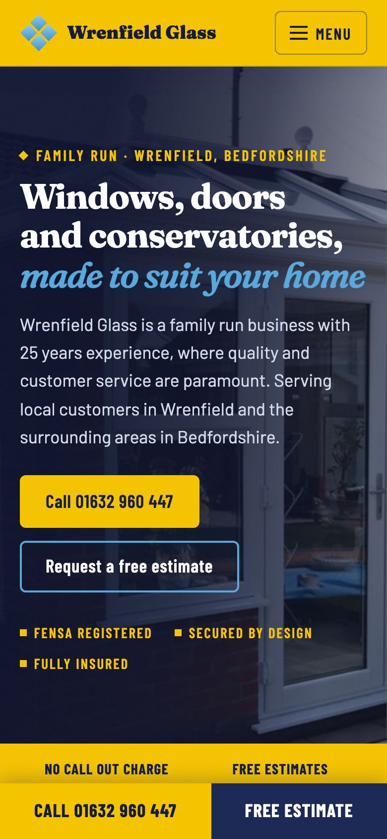 The anonymised rebuild on a phone: full-screen conservatory hero with a call bar pinned to the bottom