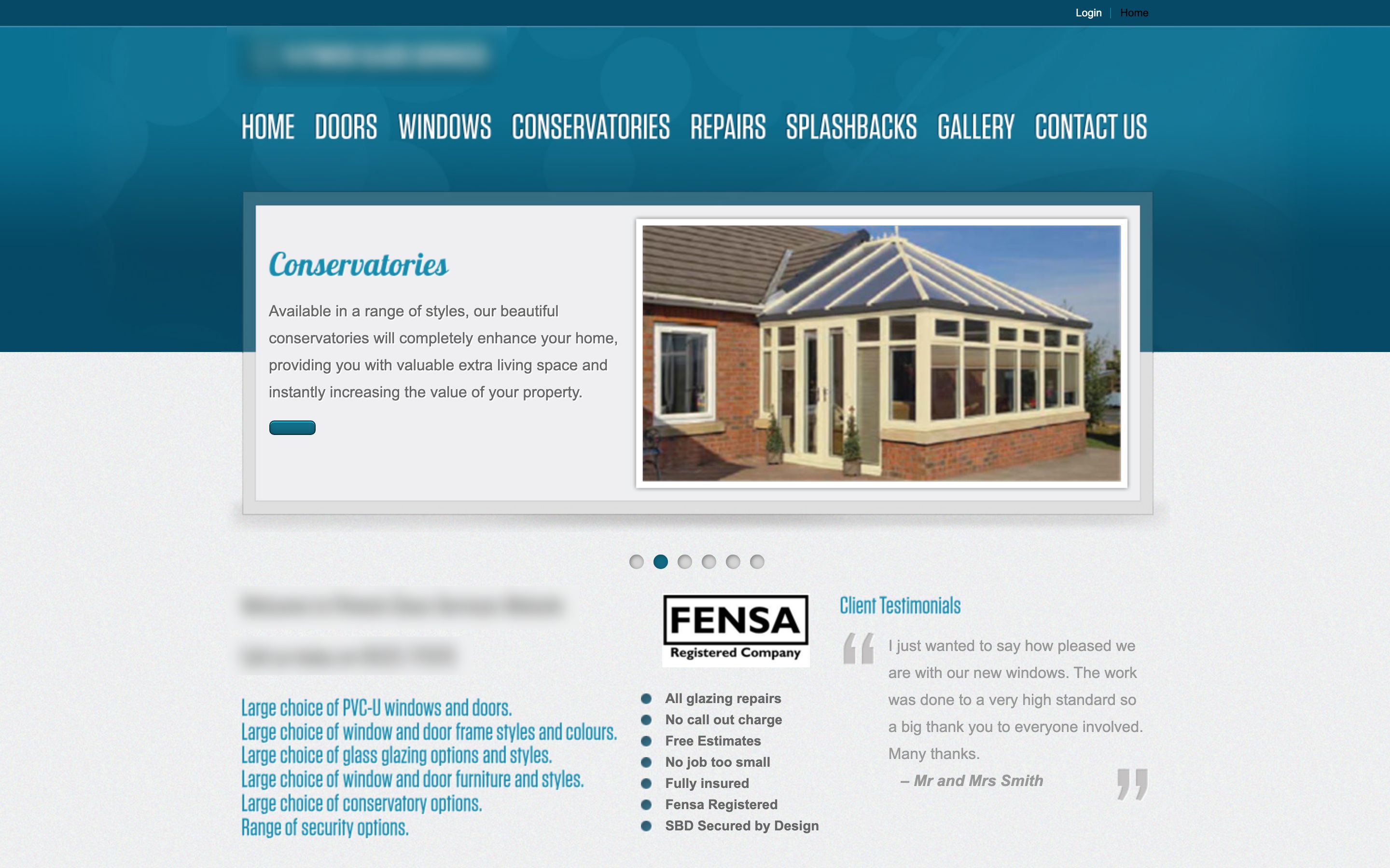 The old glazing website, identifying details blurred: teal 2013-era layout with a photo slider and no logo