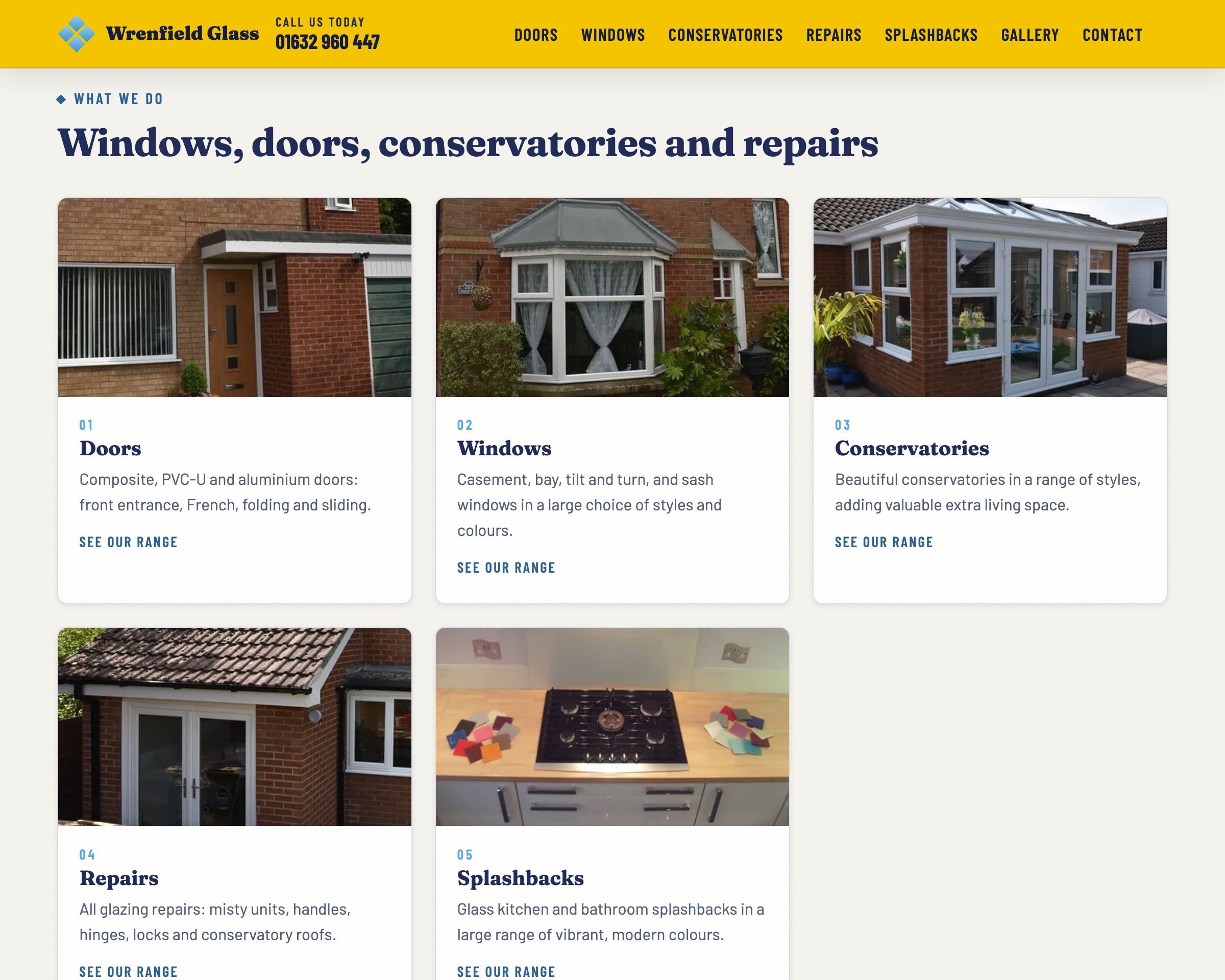 Services section of the anonymised rebuild: numbered photo cards for doors, windows, conservatories, repairs and splashbacks