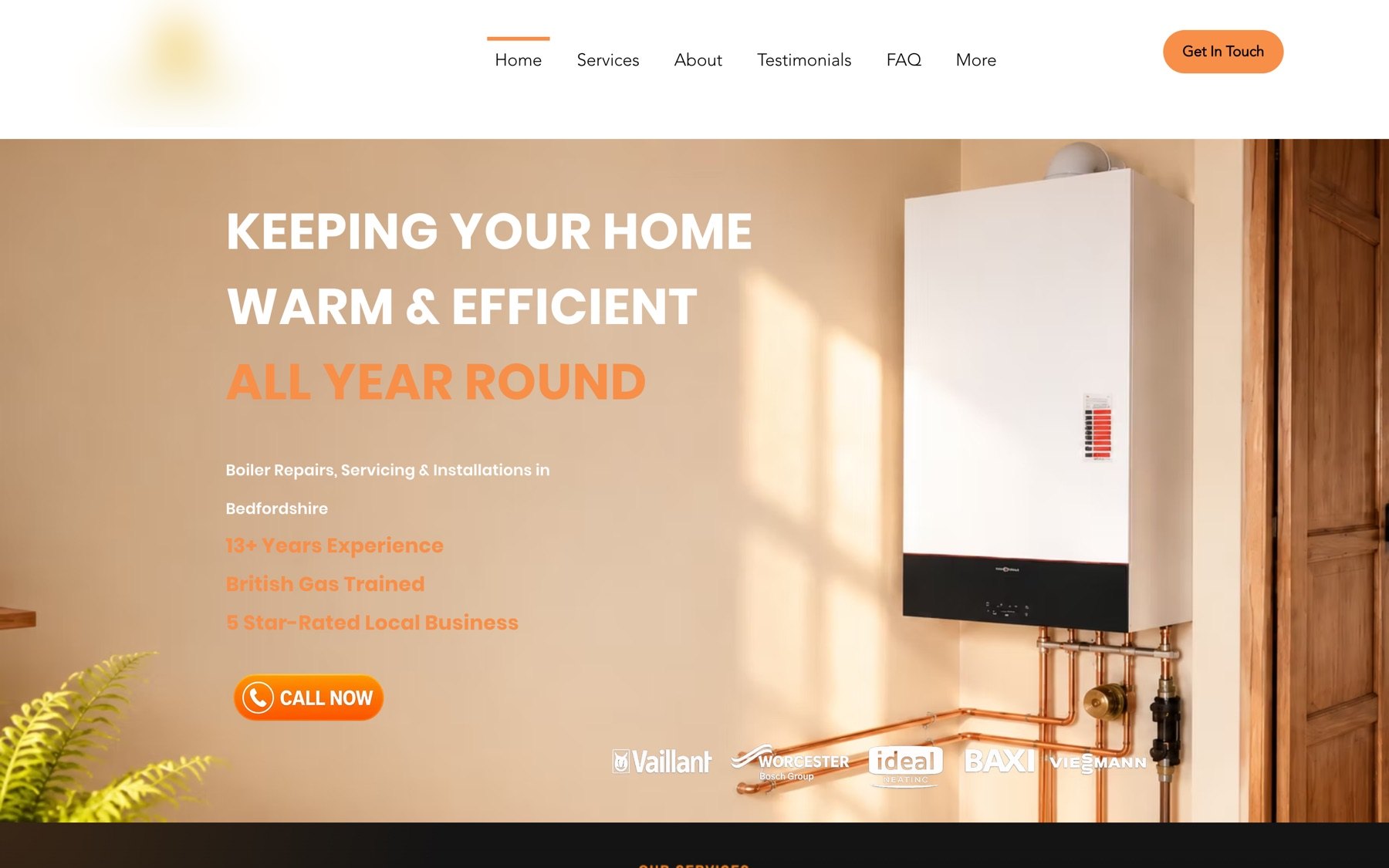 The old heating website, shown with identifying details blurred: a single page with much of its content inside embedded widgets