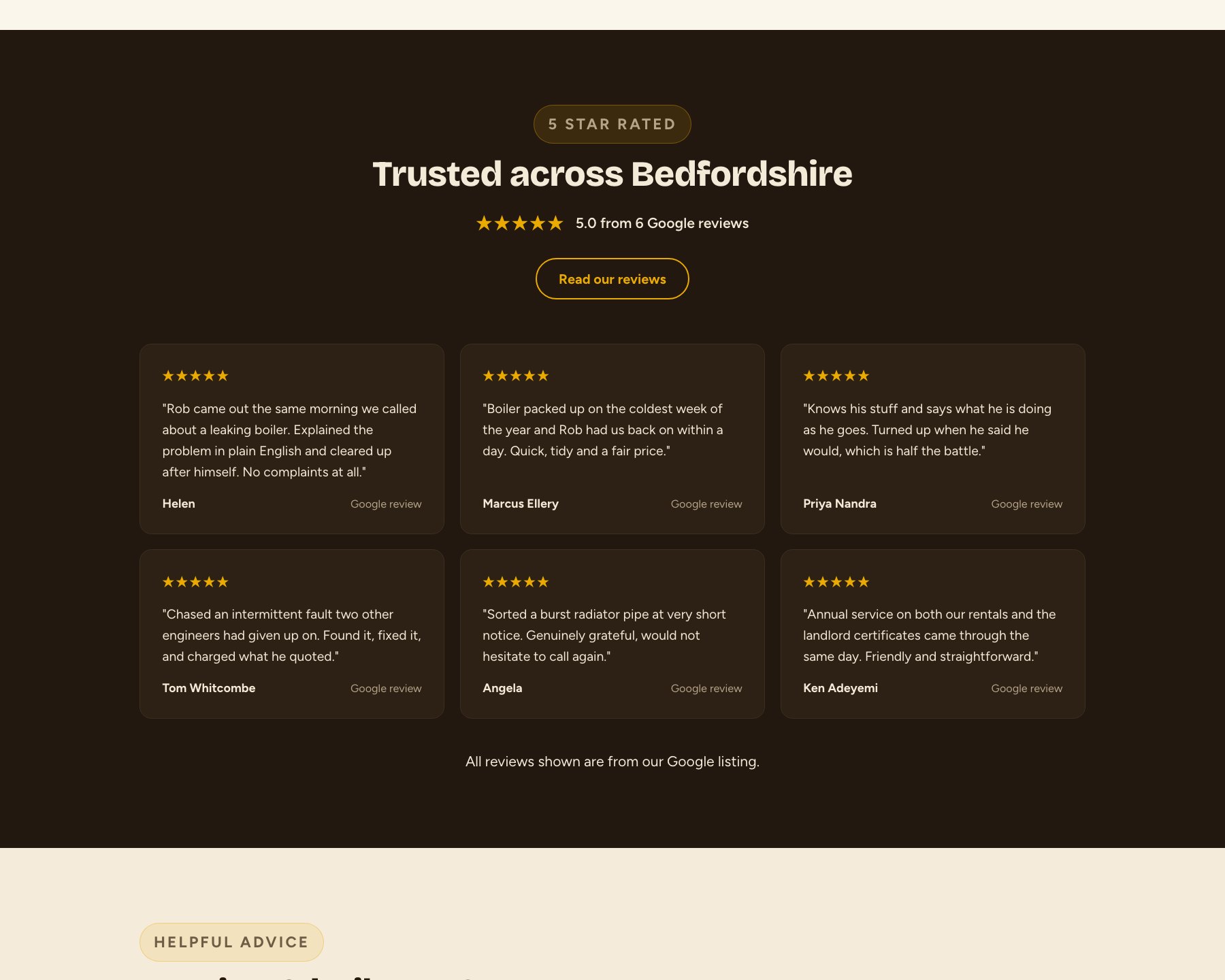 Reviews section of the new RJH Heating site: five star Google reviews from real customers