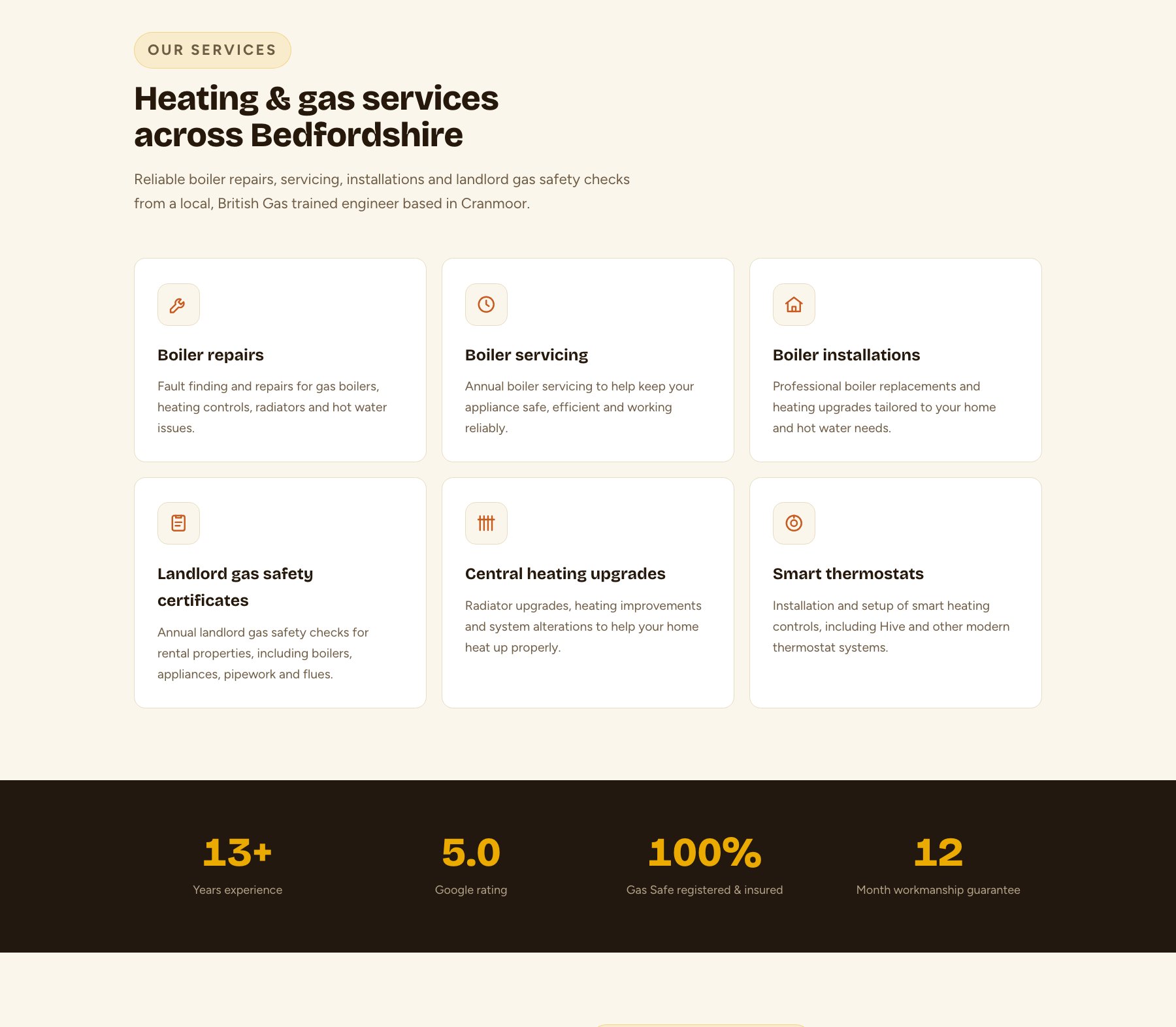 Services section of the new RJH Heating site: repairs, servicing and installations written up in plain English