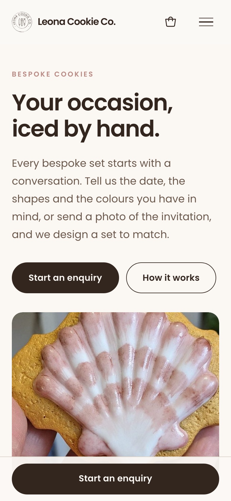 Bespoke cookies page on a phone: Your occasion, iced by hand, above a close-up of a shell cookie with the enquiry button pinned to the bottom