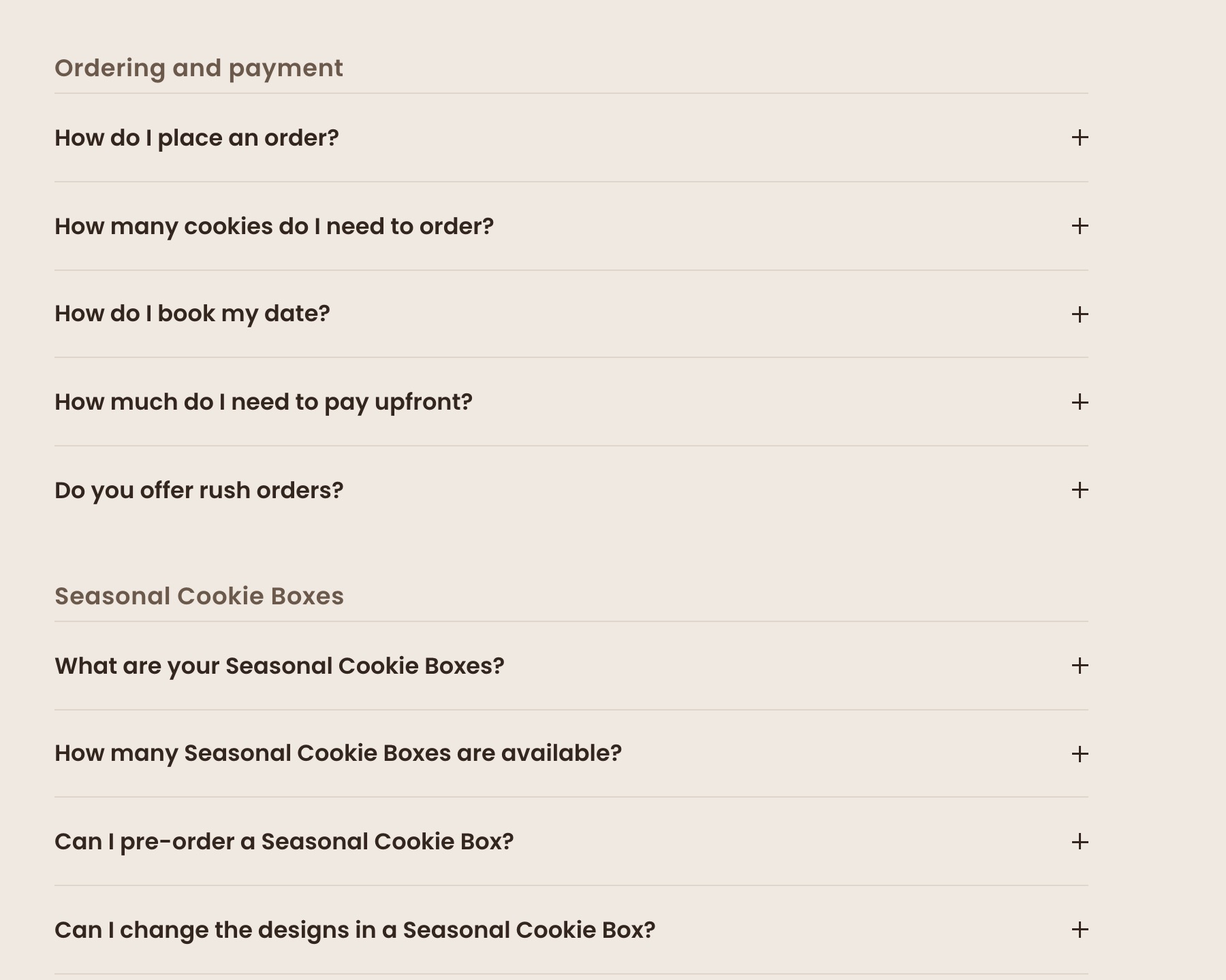FAQ page of the Leona Cookie Co site: her questions on ordering, payment and seasonal boxes as an accordion