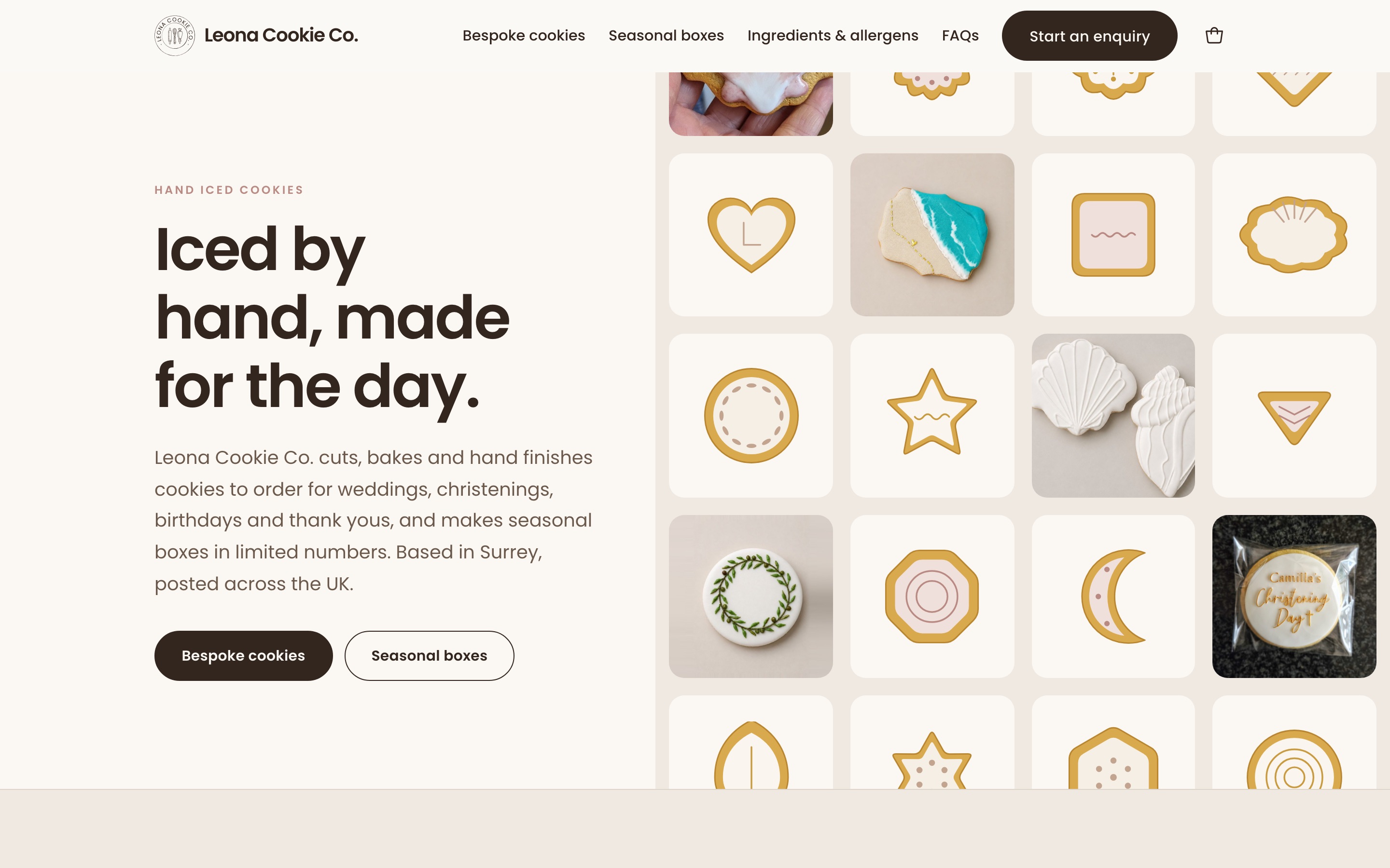 The Leona Cookie Co homepage: a warm cream page headlined Iced by hand, made for the day, beside a wall of cookie shapes and photographs of her work
