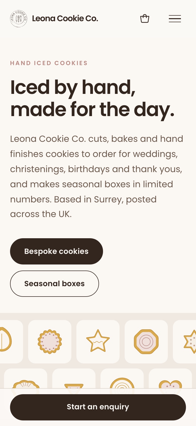 Leona Cookie Co homepage on a phone: headline, two buttons and the wall of cookie shapes, with an enquiry button pinned to the bottom