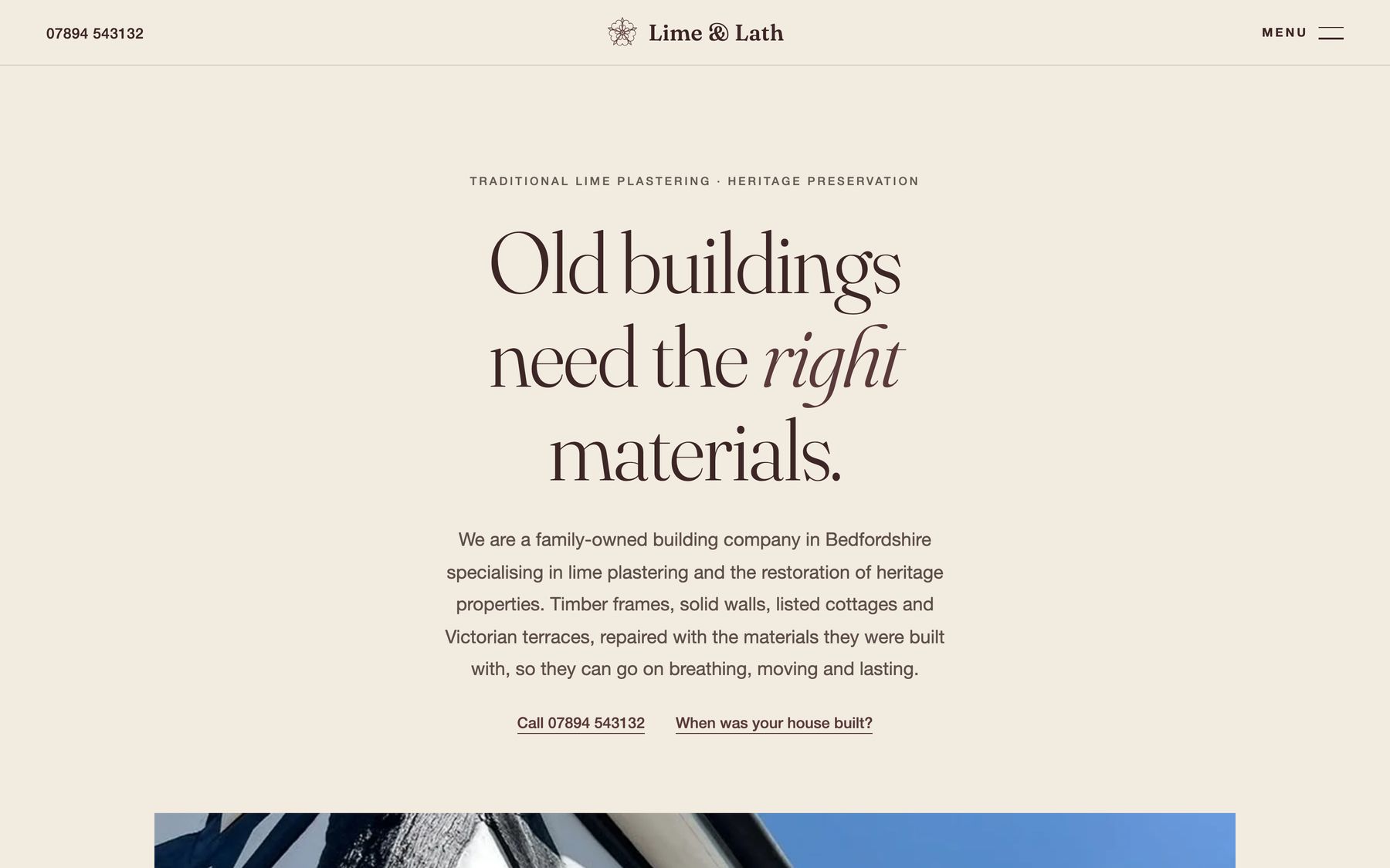 The Lime & Lath concept: a cream page with the headline Old buildings need the right materials under a rose mark