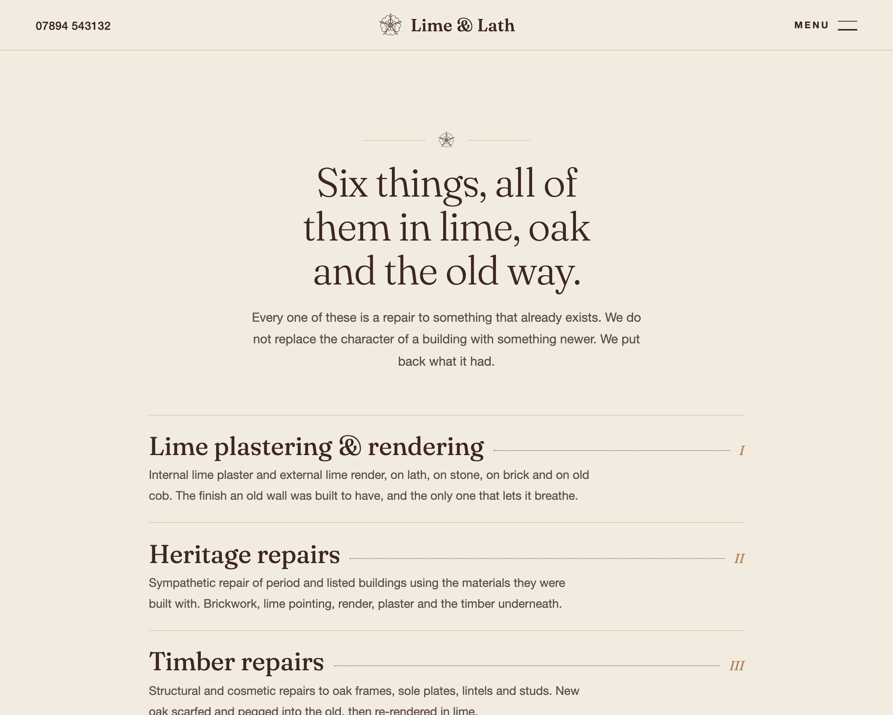 Six services listed like a book's contents page with dotted leaders