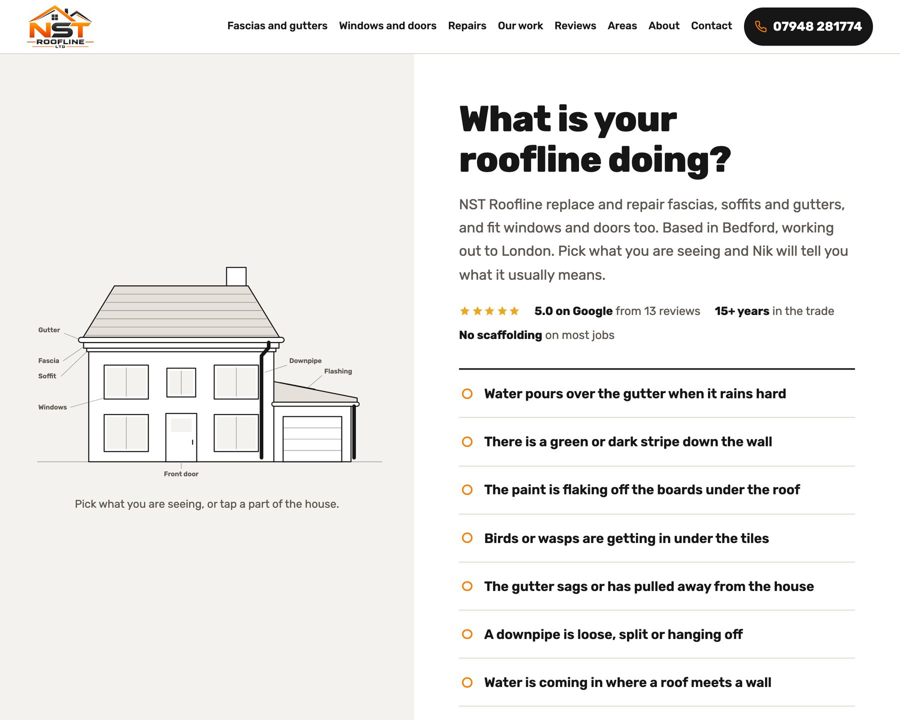 The symptom checker: the line-drawn house on the left, the list of roofline problems on the right
