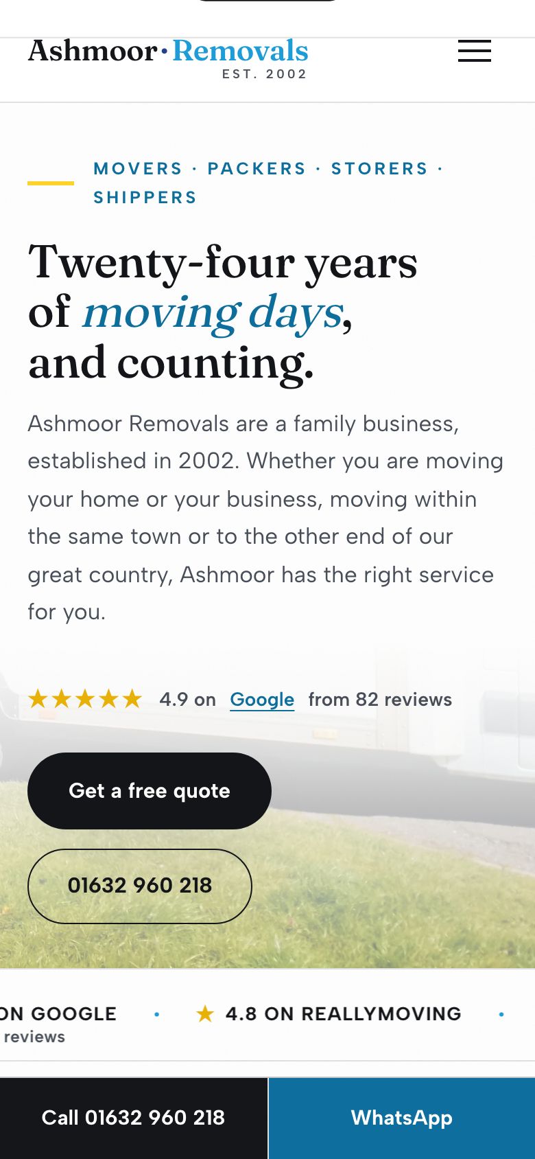 The anonymised rebuild on a phone: a removals van filling the screen with a call bar pinned to the bottom
