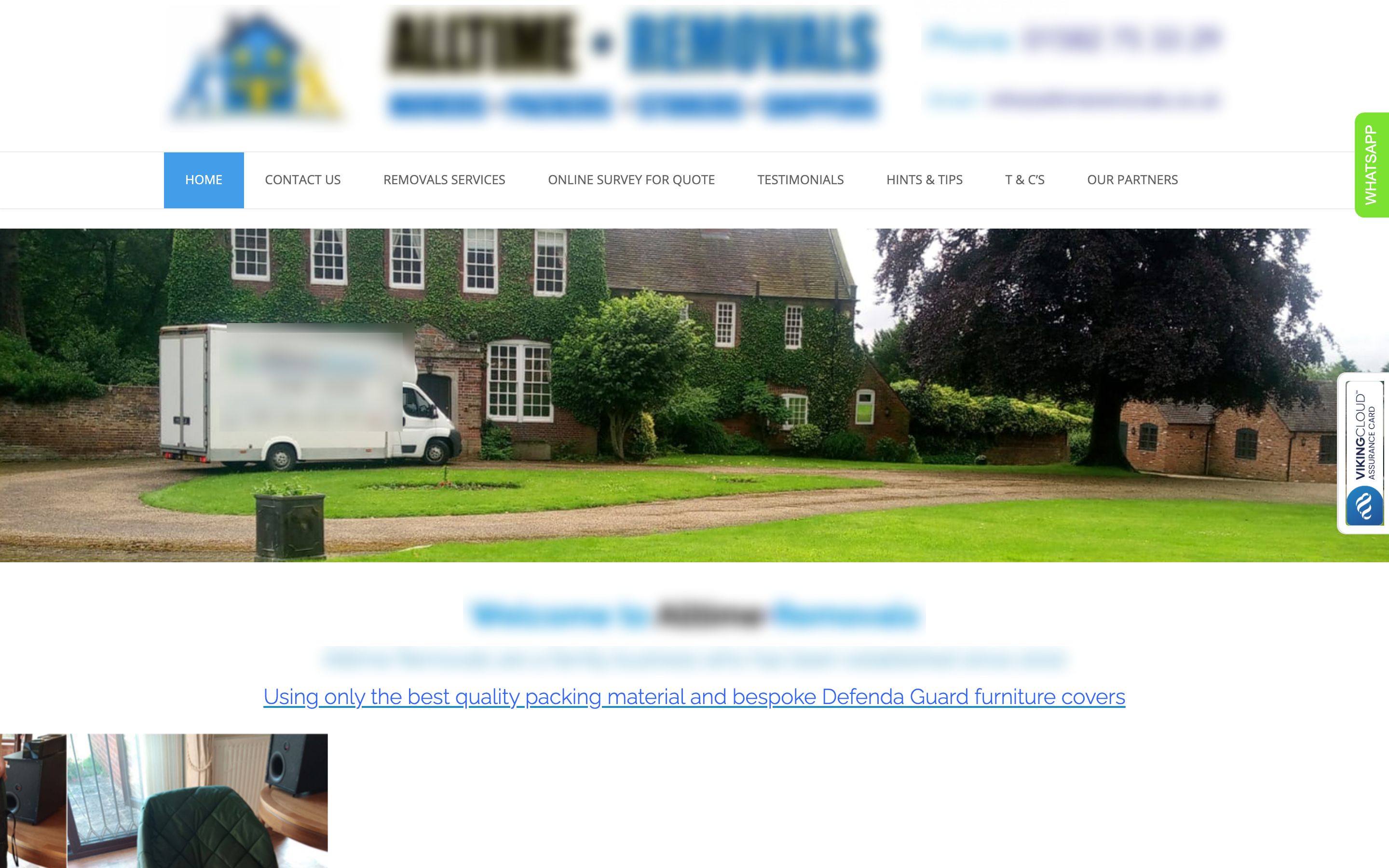 The old removals website, identifying details blurred: 2015-era WordPress layout with a photo slider and a wall of links