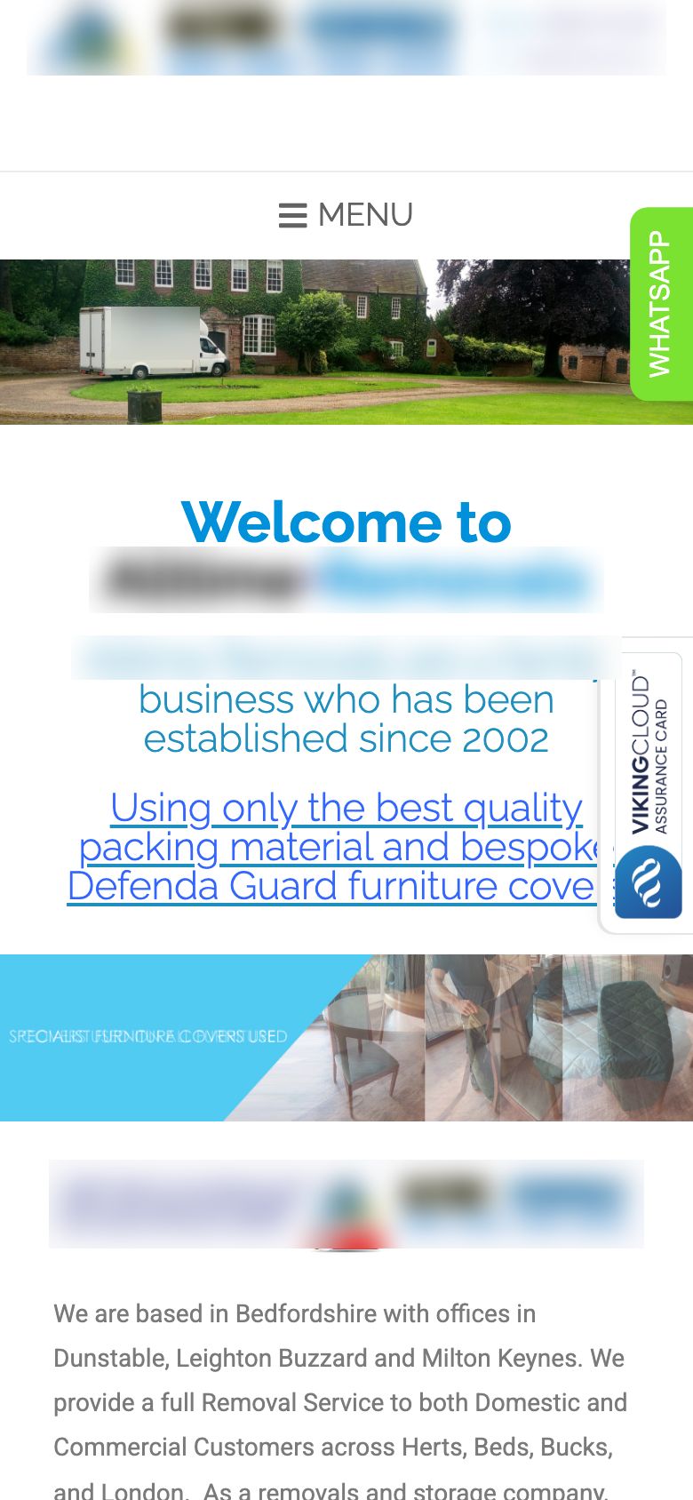 The old removals site on a phone, identifying details blurred: desktop banner images shrunk to a narrow column