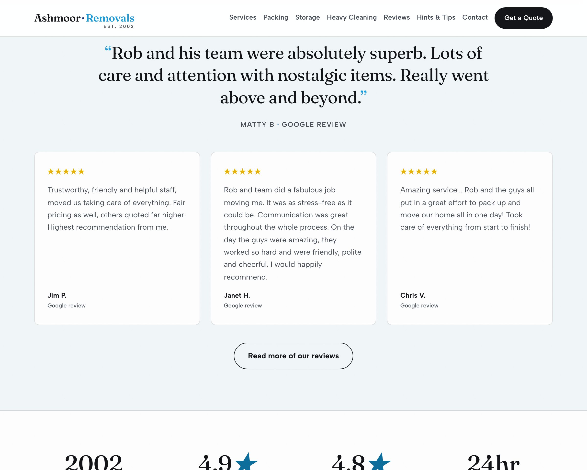Reviews section of the anonymised rebuild: a large pull quote and three five-star Google reviews