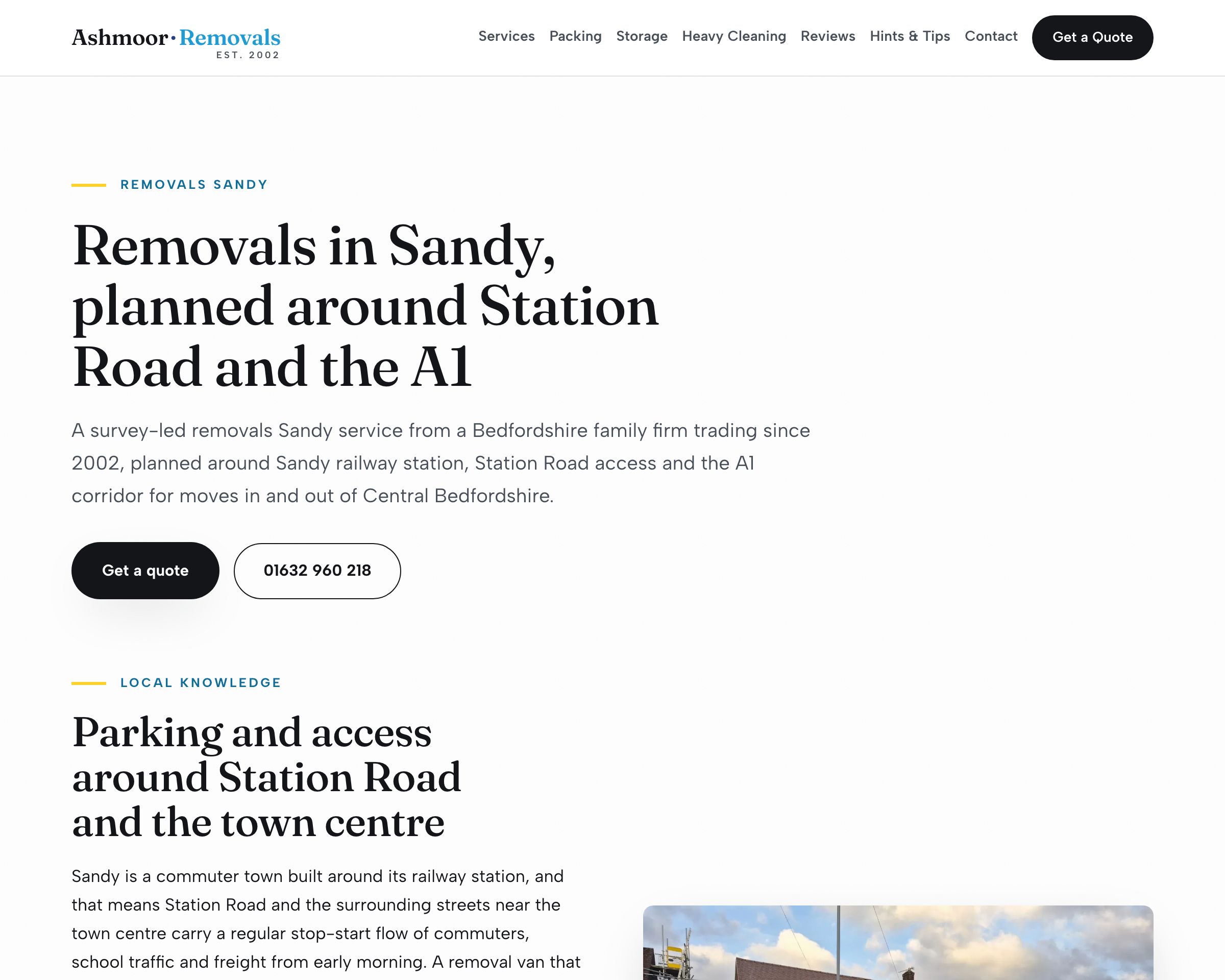 The new Sandy town page: a headline reading Removals in Sandy, planned around Station Road and the A1