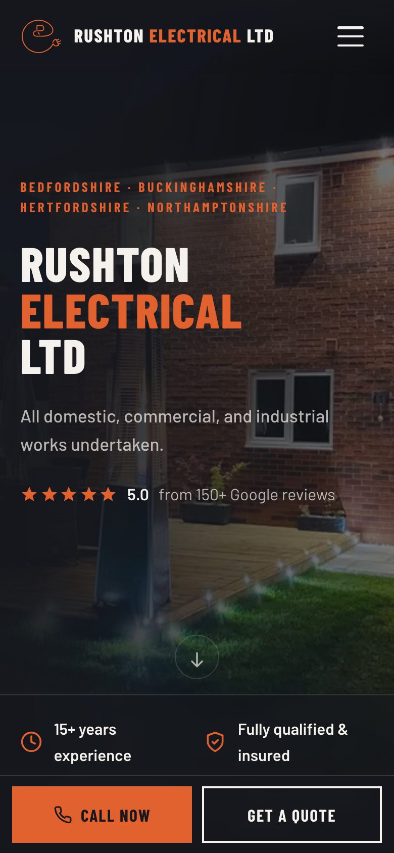 New Rushton Electrical site on a phone, with call button in reach of a thumb