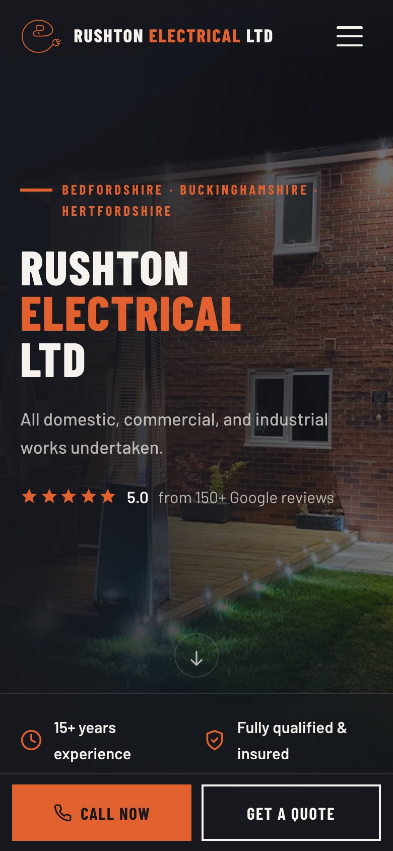 New Rushton Electrical site on a phone, with call button in reach of a thumb