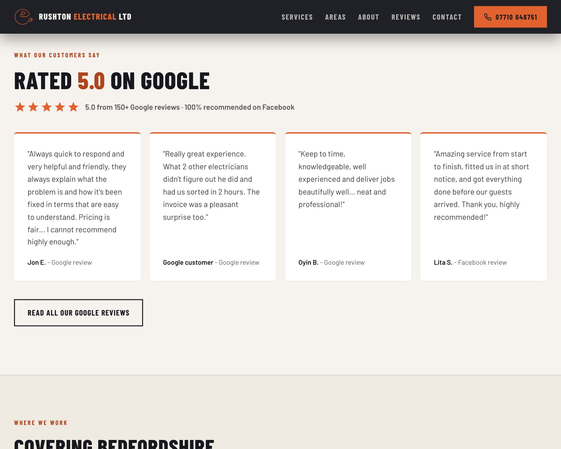 Reviews section of the new site: Rated 5.0 on Google headline with four real customer quotes