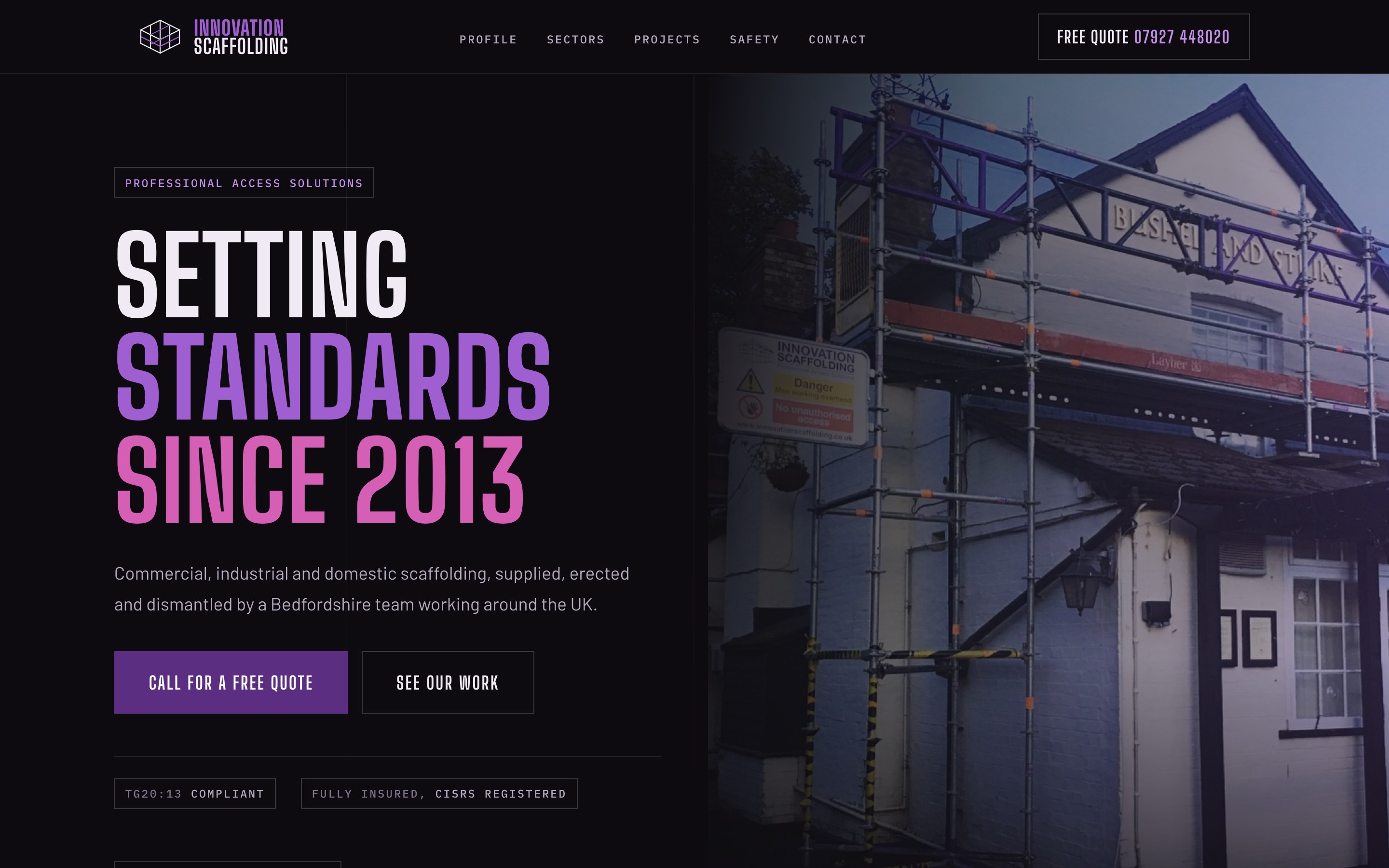 The new Innovation Scaffolding website: dark industrial design headlined Setting standards since 2013, with a free quote button and their purple scaffold photography